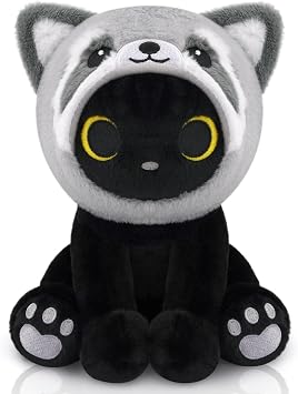 Black Cat Plush - Kawaii Stuffed Cat with Removable Raccoon Plush Hood | 8" Cute Stuffed Animal for Kids and Adults, Unique Birthday Gift