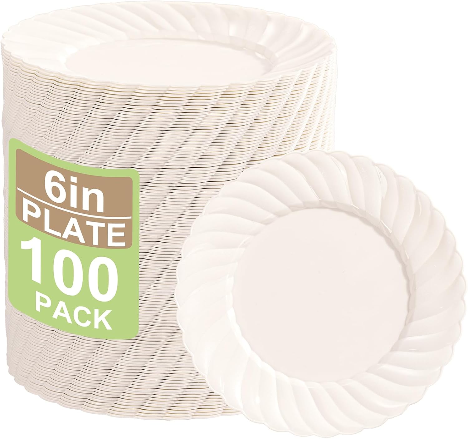 U-QE 100 Count 6 Inch Ivory Plastic Plates - Scalloped Thanksgiving Dessert Plates Disposable - Premium Fancy Disposable Heavy Duty Party Supplies for Thanksgiving, Celebrations, Weddings and Events Ivory 6 inch,100 Pack