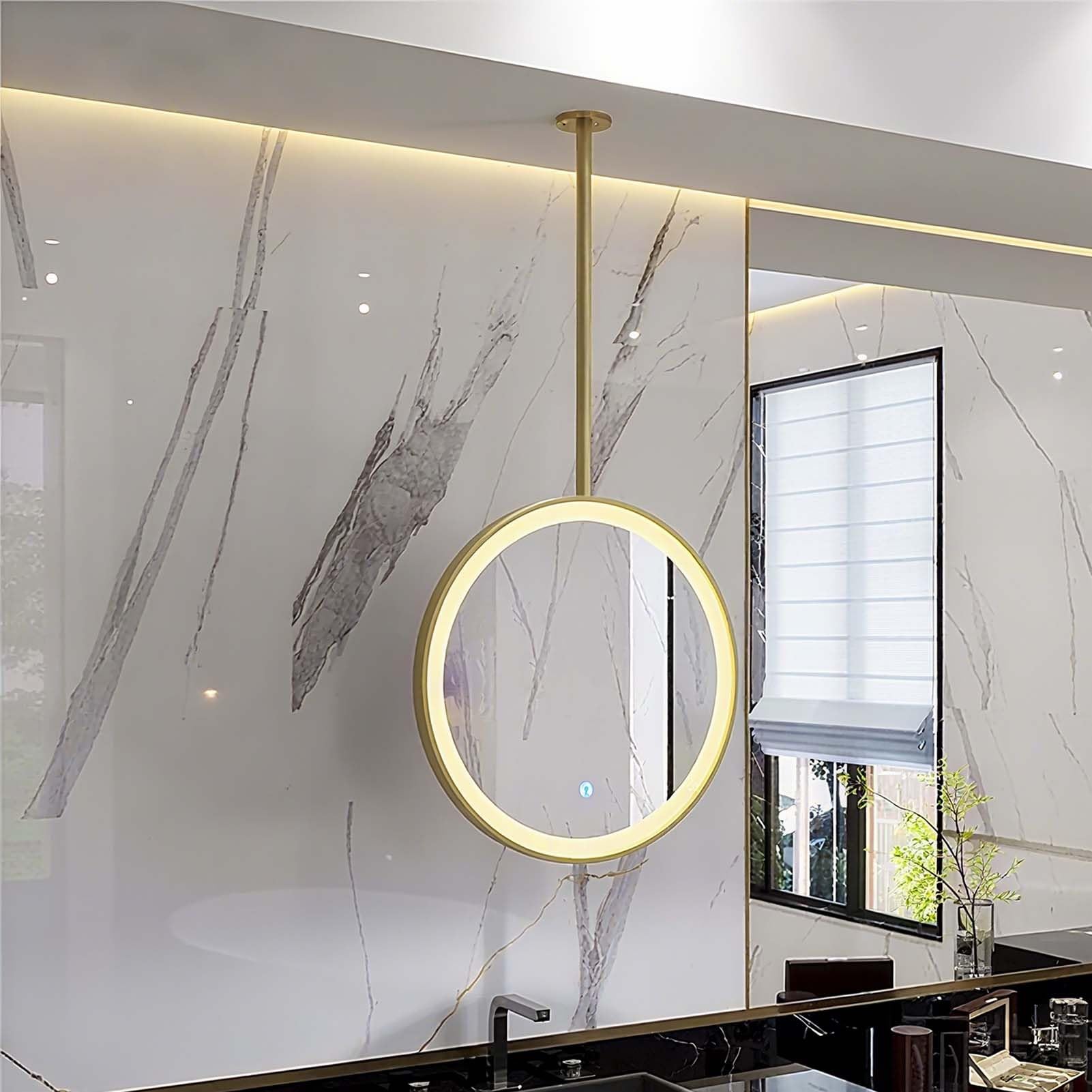 FGXHHS Modern LED Round Mirror Bathroom Vanity Mirror, Decorative Wall-Mounted Hanging Metal Frame Floating Suspended Mirrors(Gold,Diameter-70CM/27.6INCH)