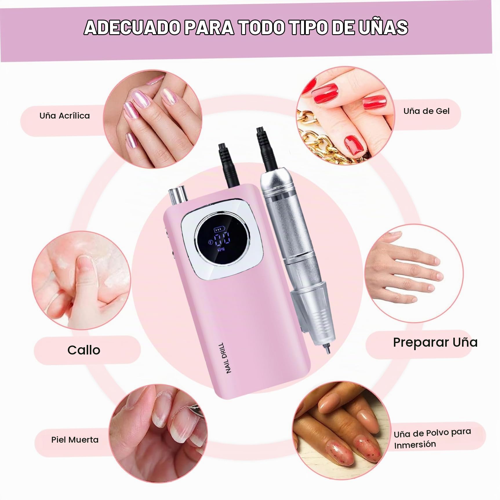 Taladro de uñas recargable, manicura eléctrica de 45000 rpm con máquina de archivos de pantalla LCD para manicuras de uñas de geles acrílicos.