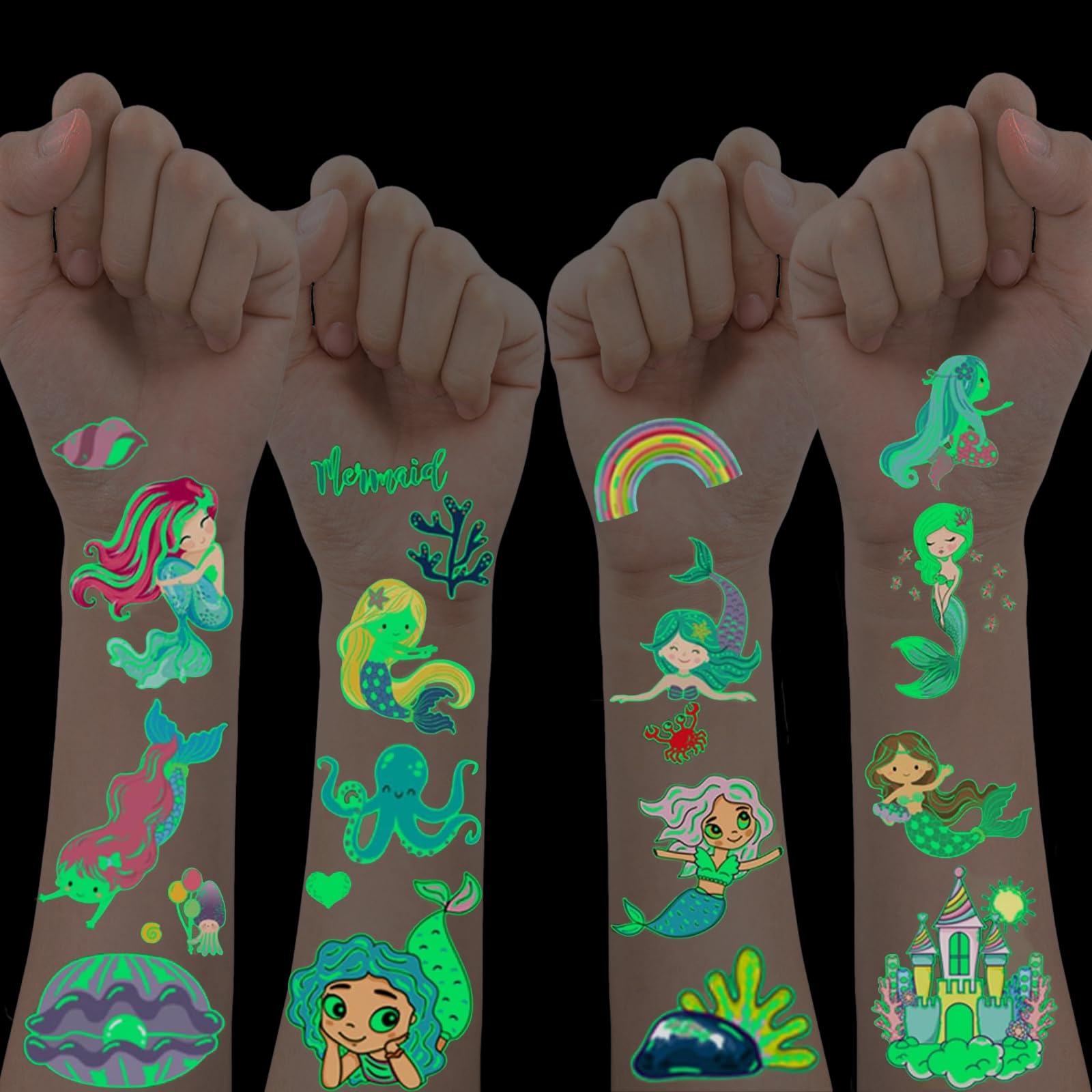 Meerjungfrau Tattoo Kinder,10 Blätter Leuchtende Kindertattoos Spielzeug Mädchen,Geburtstagsdeko Meerjungfrau Geschenke Mädchen Zuckertüte Schultüte Füllung Kindergeburtstag