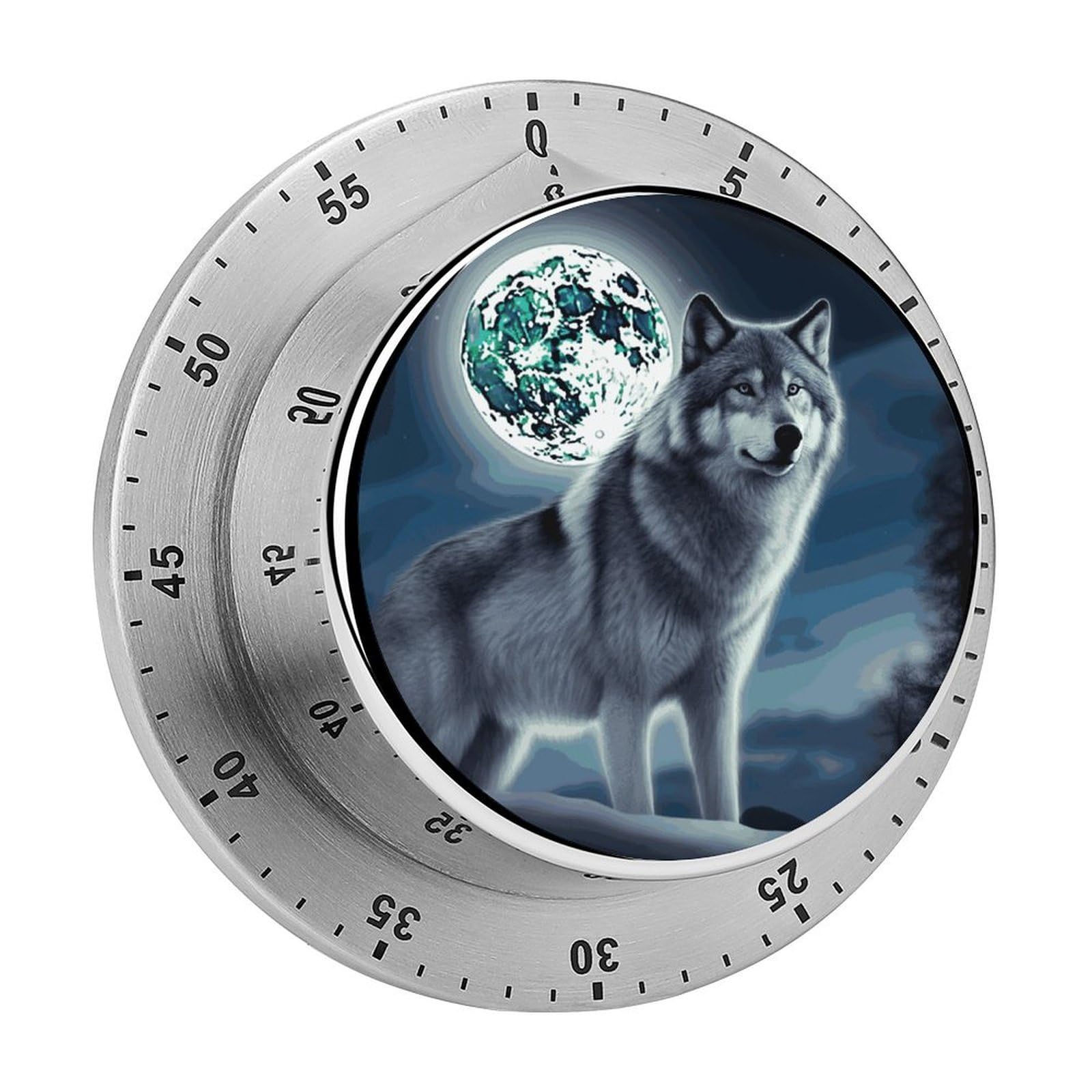 Wolf Under Moon Visual Timer with Loud Alarm 60-Minute Kitchen Timers Exquisite Stainless Steel Body - Mechanical Desk Timer Countdown Clock for Cooking Chef Clock