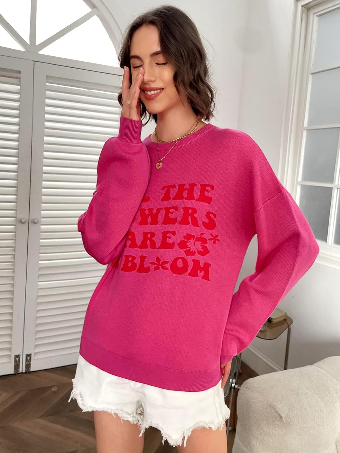 Women's Sweater Floral & Letter Graphic Drop Shoulder Sweater Sweater for Women (Color : Hot Pink, Size : Medium)