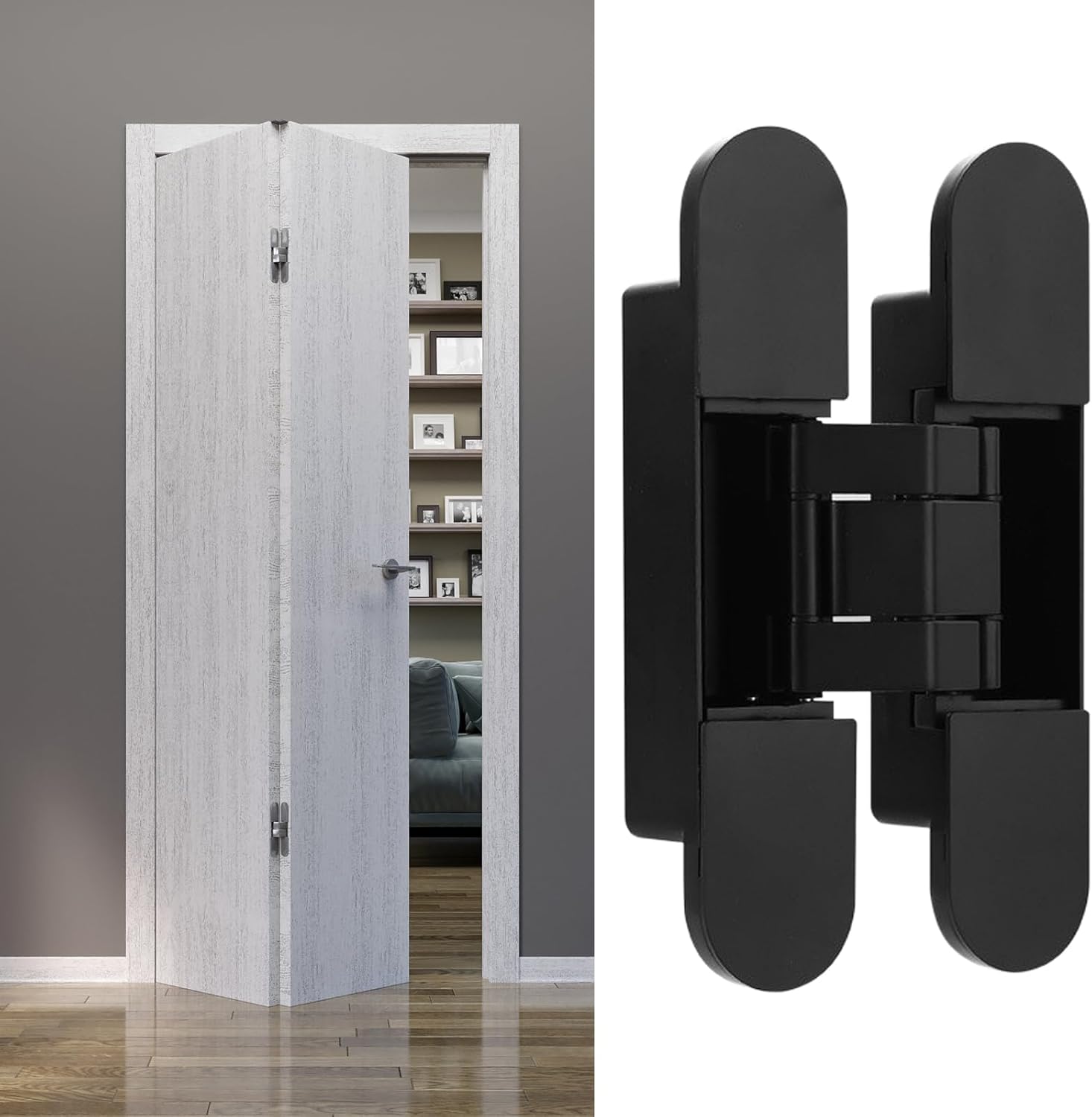 Eagles 6-inch Hidden Door Hinges Invisible Hinges Concealed Silent Door Hinge 180 Degree Swing 3 Way Adjustable Butt Hinge Zinc Alloy Secret Door Hinges, Black (2 Hinges)