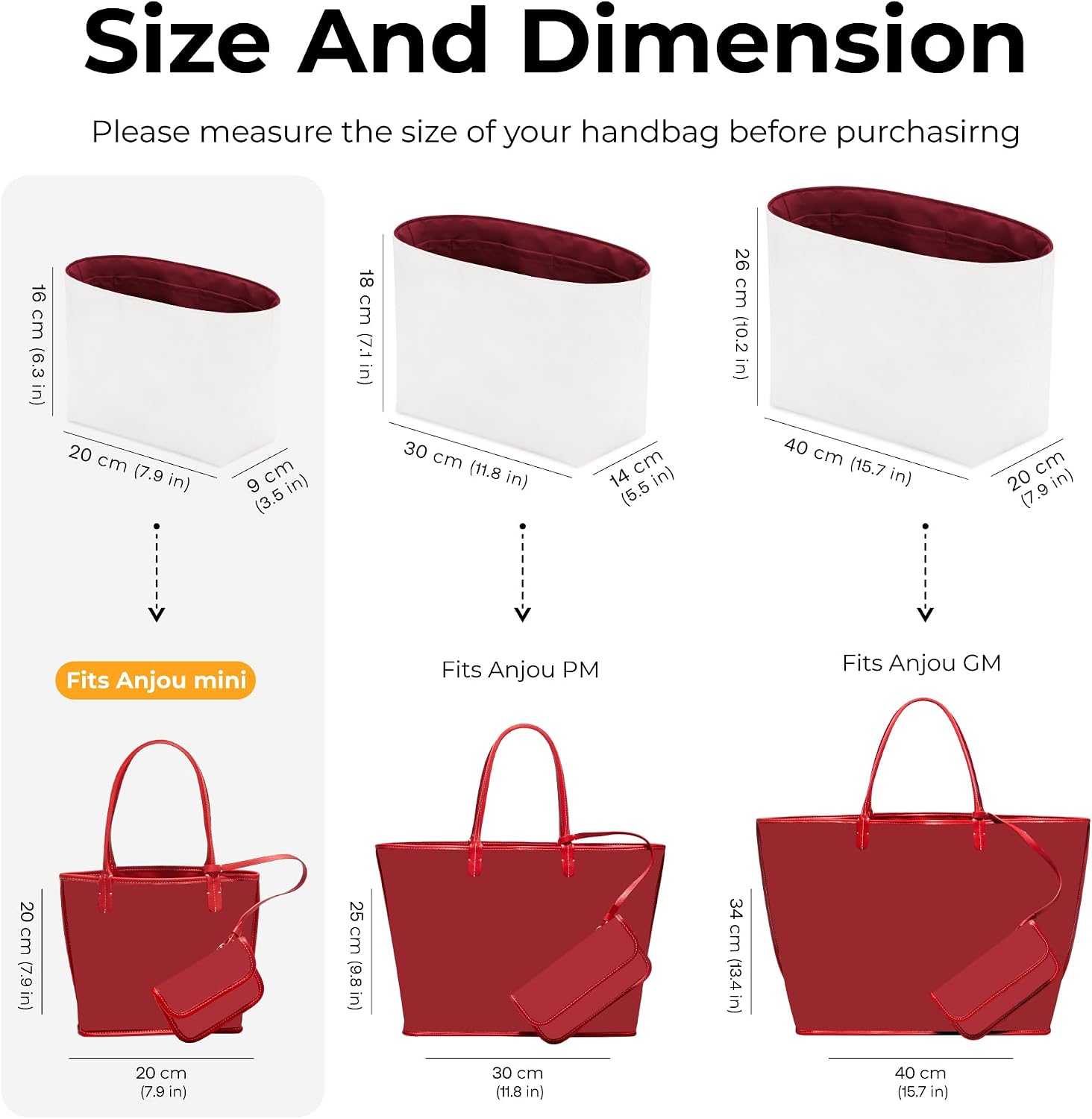 Tote Bag Organizer Insert for Anjou Mini Bag, Custom Fit Inside Premium Bordeaux Red Lightweight WaterResistant Purse Insert with Cup Holder Accessories