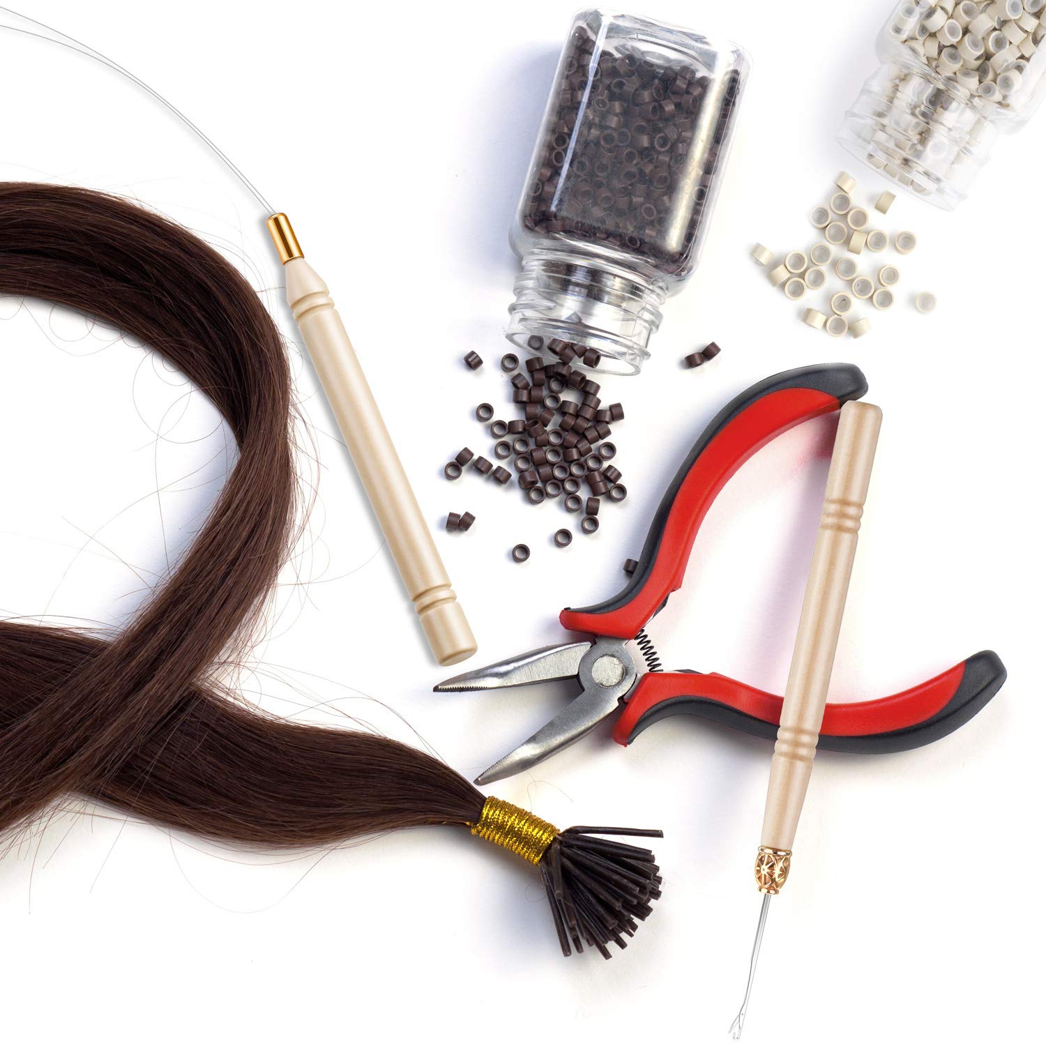 Hair Extension Kit Pliers Pulling Hook Bead Device Tool Kits and 1500 Pieces Silicone Lined Micro Rings (Black, Blonde and Brown Beads)
