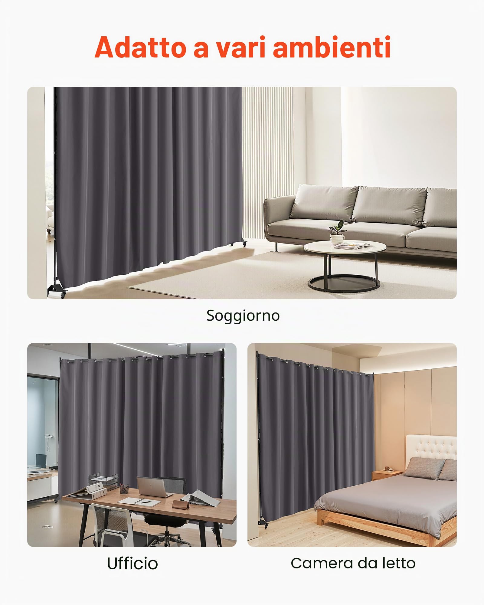 VEVOR Divisorio per Ambienti, Pannello Divisorio Portatile con Ruote, Supporto per Tende, Divisorio Indipendente, Schermo per Privacy per Ufficio, Camera da Letto, Sala da Pranzo, Grigio