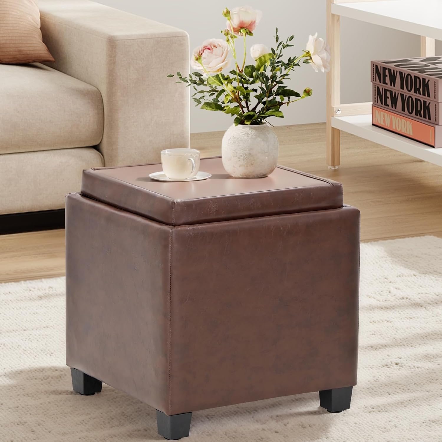 Amazon.com: COLAMY Square Leather Storage Ottoman with Reversible Tray ...