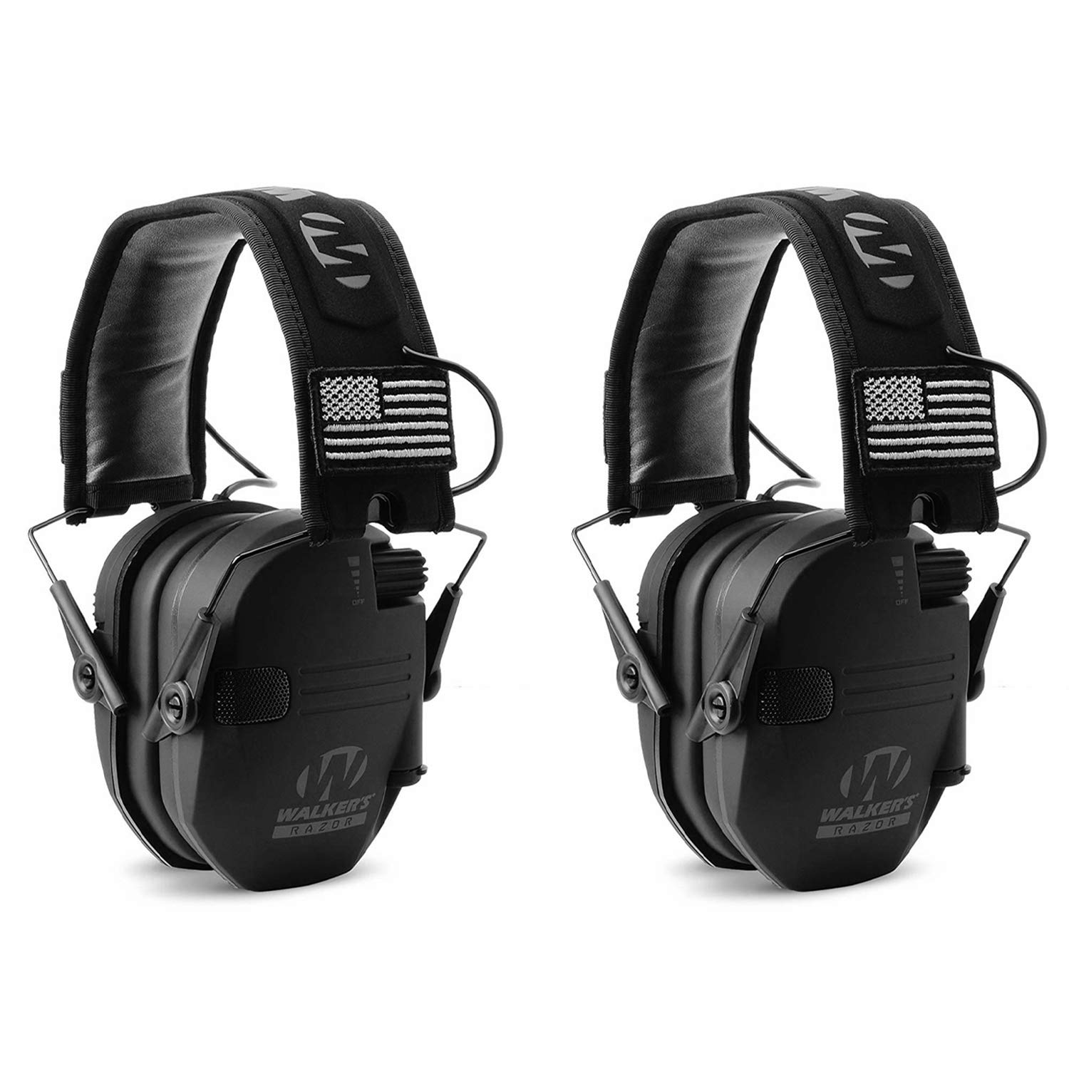 Walker's 2 Pack Electronic Ear Muff Hearing Protection, Noise Reduction Earmuffs, Razor Slim Patriot, Black