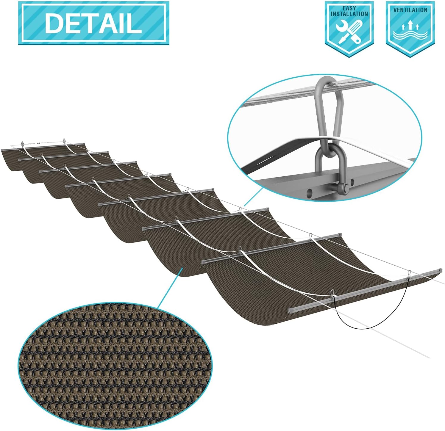 COARBOR 3'Wx12'L Pergola Shade Cover Retractable Shade Awning Slide Flexible Canopy for Patio Deck Porch Hang Down U Shape Wave Shade Cover Wire Cable Hardware Included Brown
