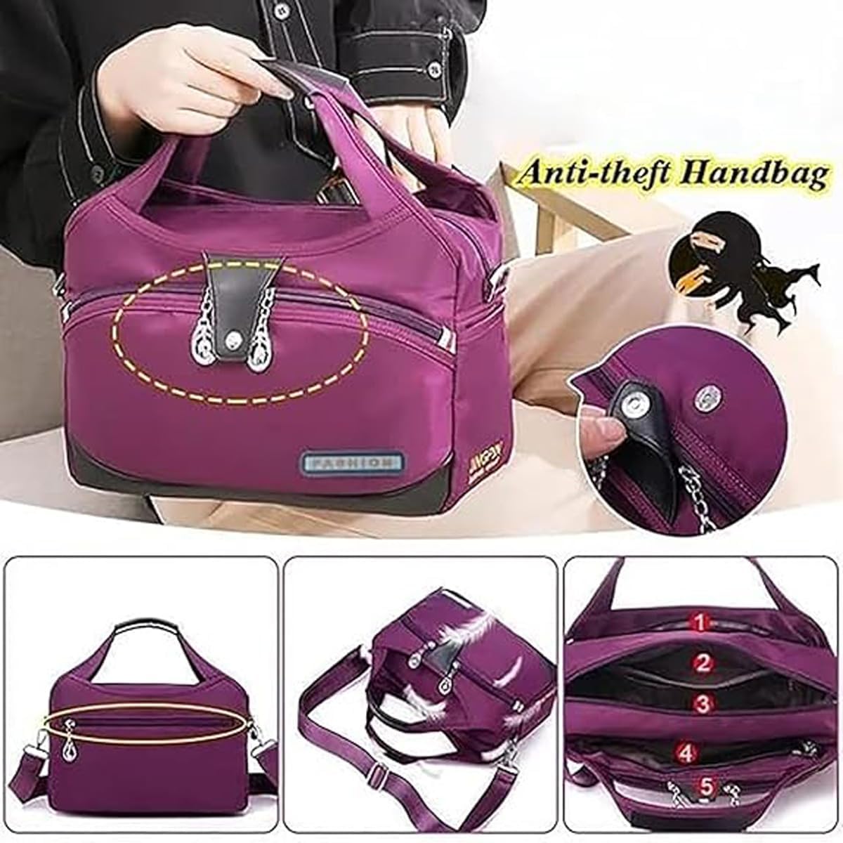 Beautifuldeer Anti Theft Handbag, Fashion Lightweight Messenger Bag, Waterproof Oxford Cloth Satchel, Zipper Multi-Layer image 3