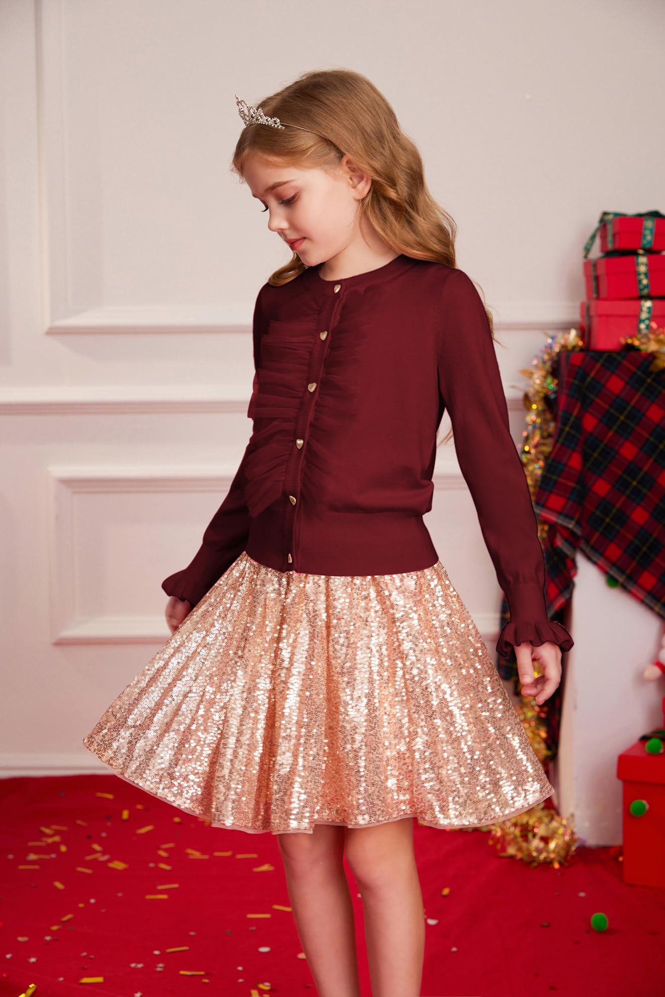 GRACE KARIN Cárdigan de punto para niñas Casual Manga Larga Cuello Redondo Cárdigan de Punto con Botón Delantero Elegante Tul Malla Volantes Cárdigan Decorado
