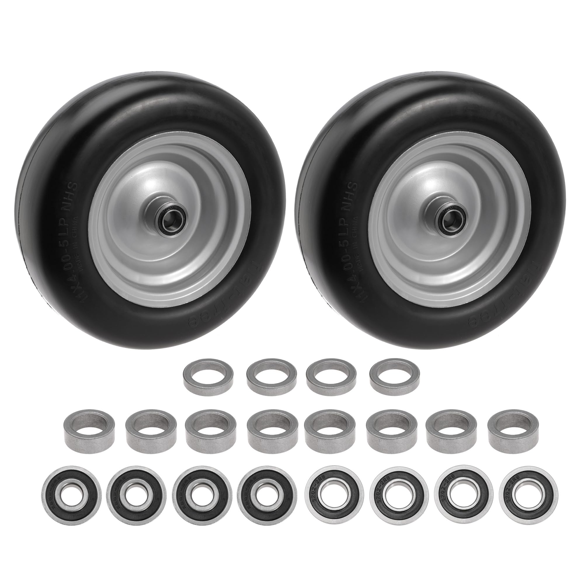 11x4.00-5 solid smooth tires, flat free lawn mower tires for zero- turn and garden tractor mowers with 3/4" or 5/8" bushing, fit 3.4", 4", 4.5", 5" centered hub silver, 2 pack