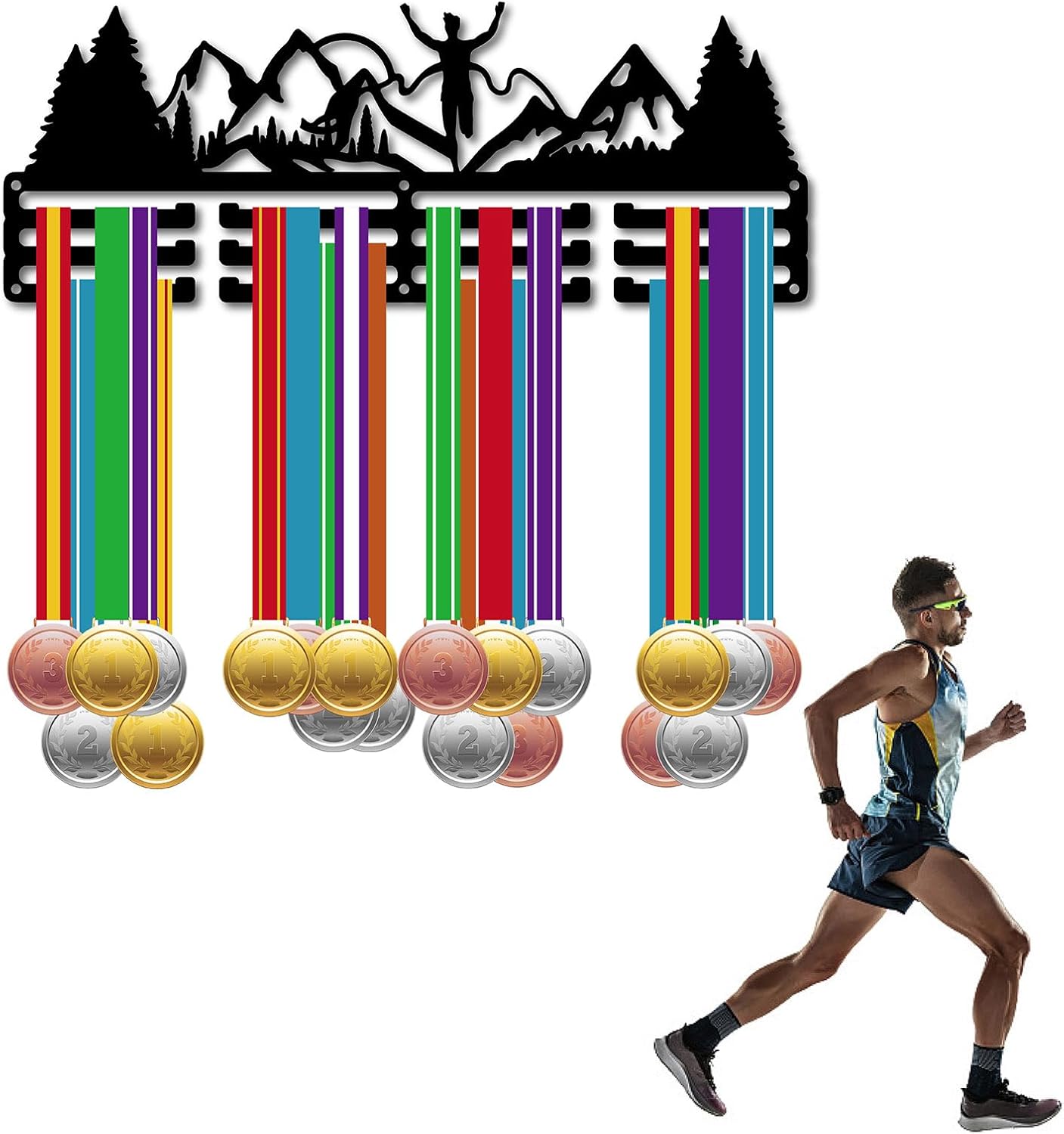 CREATCABIN Running Medal Holder Hanger Medals Rack Mountain Trees Metal Iron Shelf Sports Medal Stand Frame Wall Mounted Hanging Over 60 Medals Hanger for Marathon Runner 15.7 x 6Inch Black