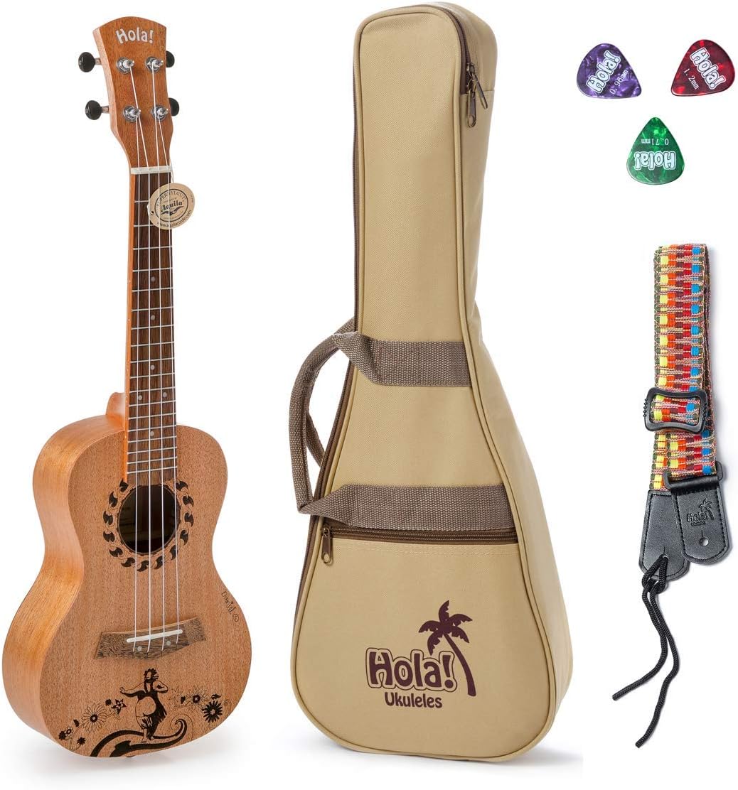 Concert Ukulele Bundle, Deluxe Series by Hola! Music Model HM-124BU, Bundle Includes: 24 Inch Mahogany Ukulele with Aquila Nylgut Strings Installed,