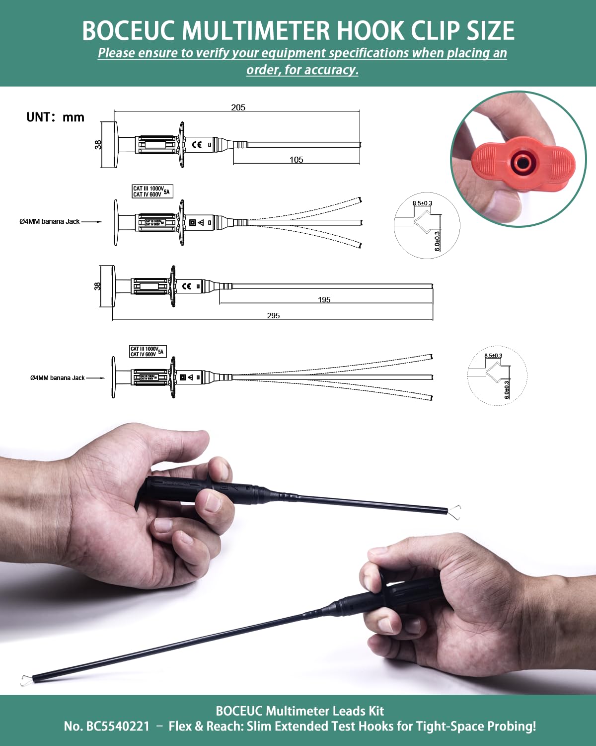 11.6" Extra Long Test Hook Clips with 4mm Banana Socket – Flexible Silicone Electrical Probes, CAT III 1000V / CAT IV 600V Voltage Rated