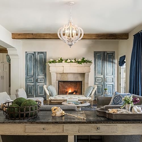 Miniatura 10 de Lámpara de araña blanca antigua de madera, rústica de 5 luces, lámpara de casa de campo industrial francés, lámpara colgante para comedor, cocina,