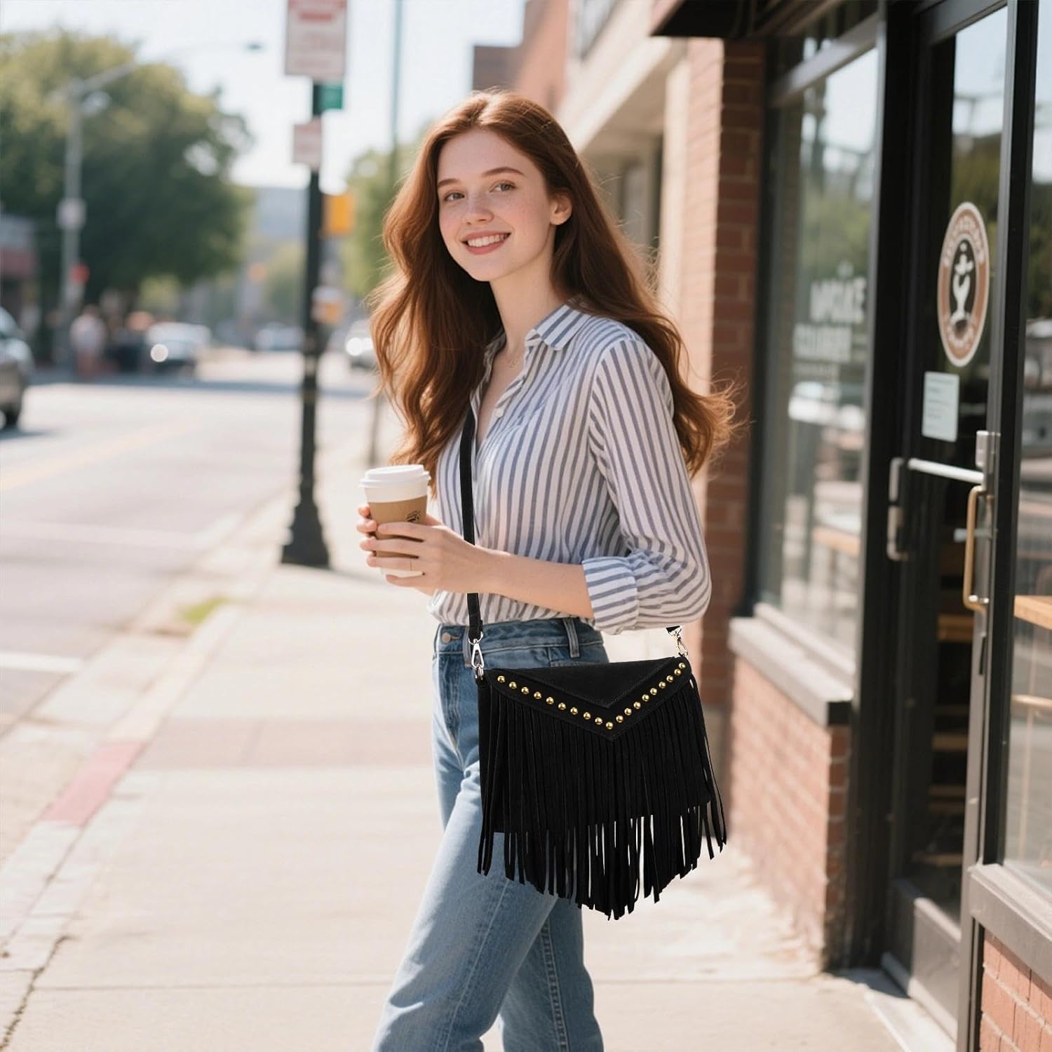 KouLi Buir Boho Western Fringe Purse for Women Double Velour Suede Crossbody Tassel Hobo Bag with Adjustable Strap - Image 3