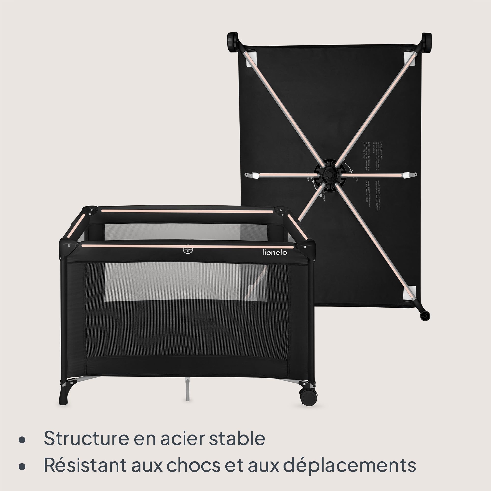 Lionelo Lit de Voyage pour Bébé Amelie de la Naissance à 15 kg, Petit, Pliable, Matelas Pliable Moelleux, 100,5x70,5 cm, 2 Roues, Entrée Latérale, Sac de Transport (Black) | Matelas pliable souple, 100,5 x 70,5 cm, 2 roues, entrée latérale, sac de voyage
