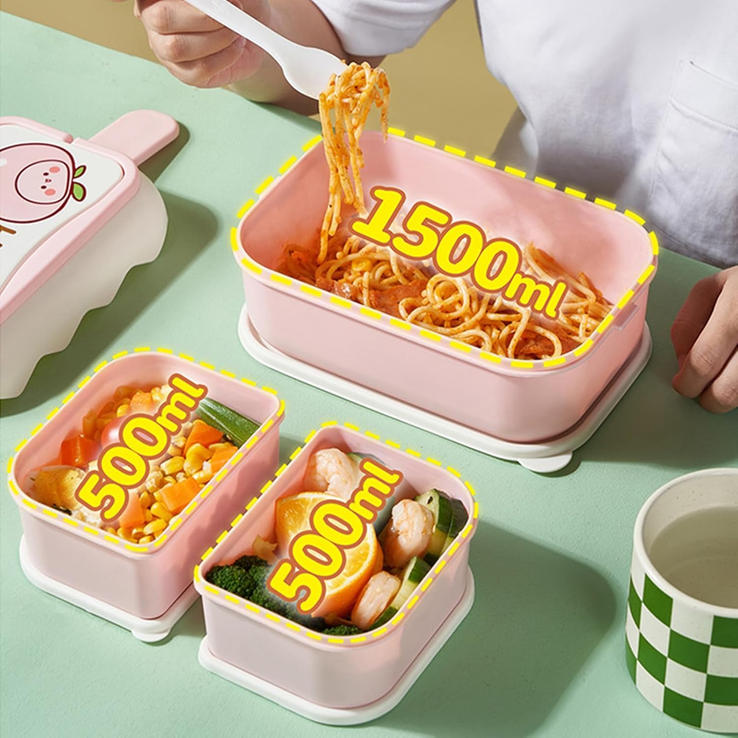 TOPINCN Cute Cartoon Microwaveable Lunch Box With Independent Compartment, Plastic Stackable Container (Pink)