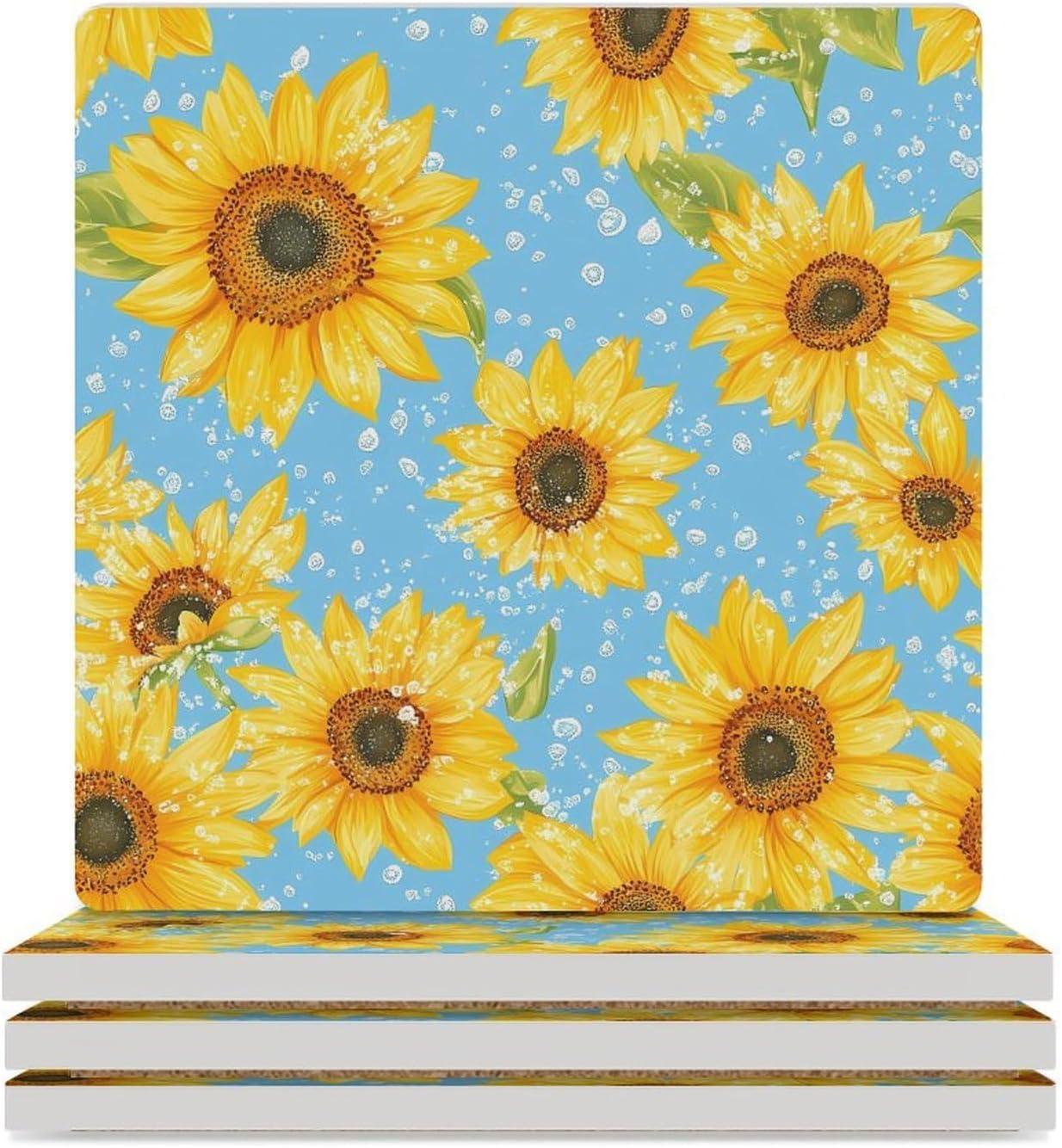 Sunflowers Blue Background Funny Ceramic Coasters for Drink Absorbent Cup Holders Tabletop Protection