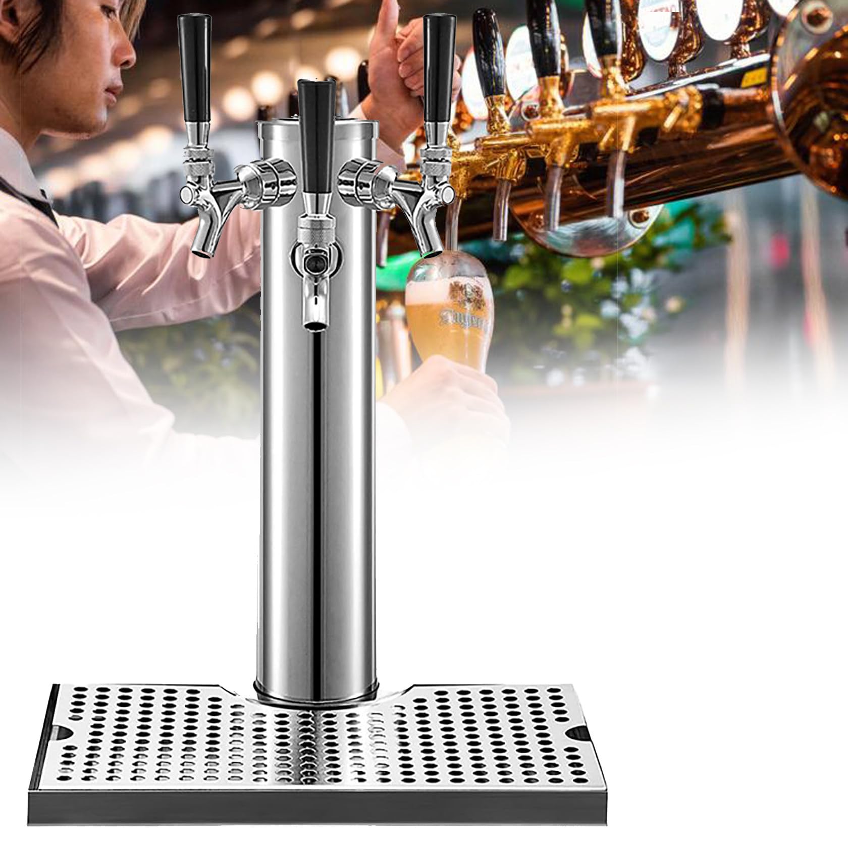 Distributeur de vin et tour à bière à trois fûts avec bac d'égouttement