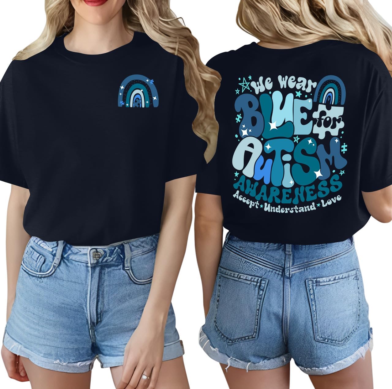 LAZYCHILD Autism Awareness Shirt for Women: Blue Autism Awareness Shirts We Wear Blue T-Shirt Puzzle Piece Tee Tops