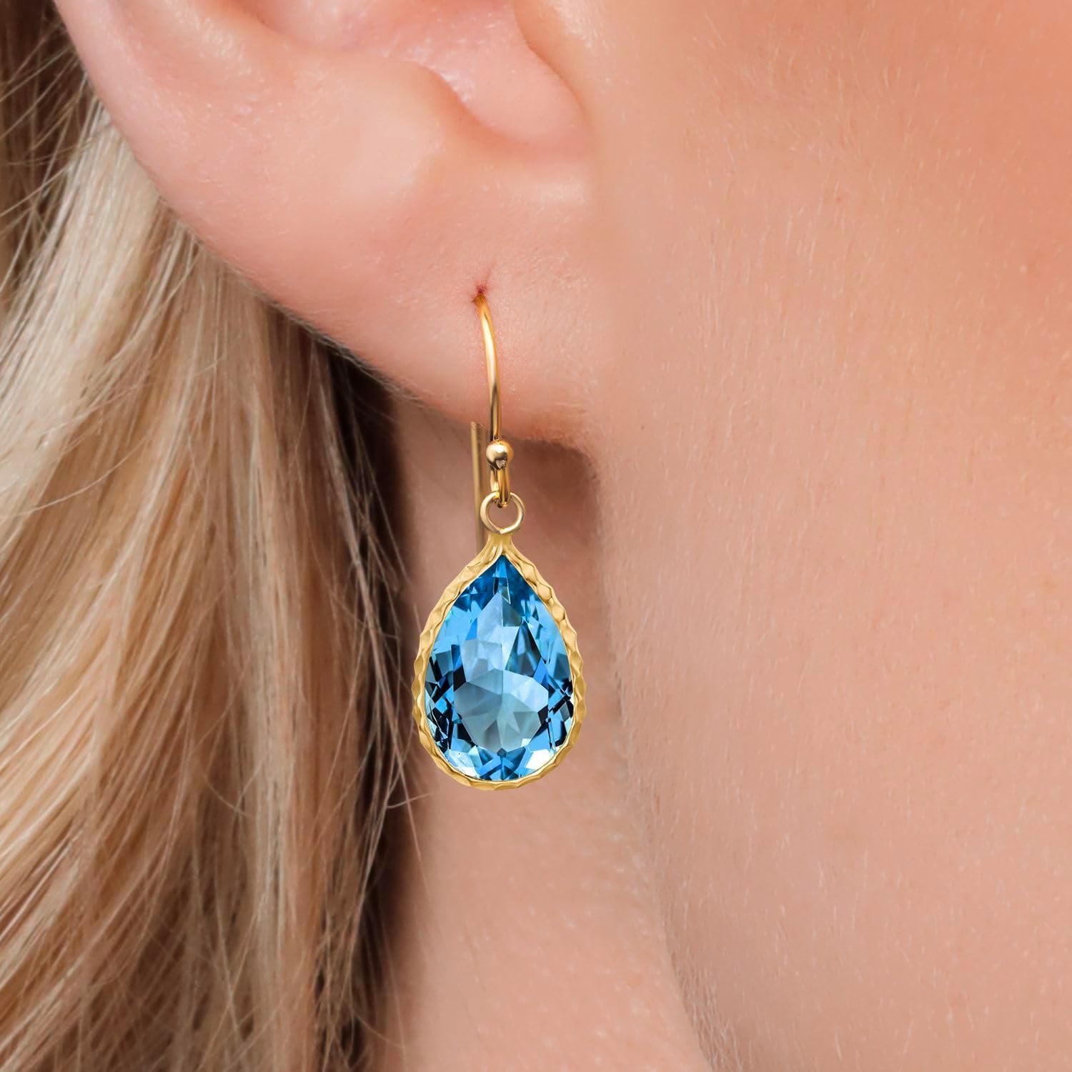 Gem Stone King 14K Yellow Gold Swiss Blue Topaz Drop Dangle French Wire Earrings For Women | 7.00 Cttw | Gemstone Birthstone | Pear Shape 12X8MM - Image 3