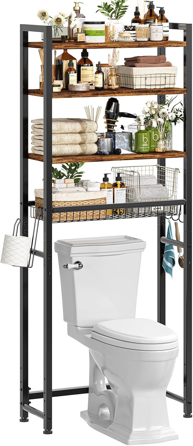Over The Toilet Storage Rack, 4 Tier Over Toilet Shelf with Adjustable Feet, Freestanding Bathroom Organizer with Wooden Shelves, Hooks, Paper Holder, Vintage Brown