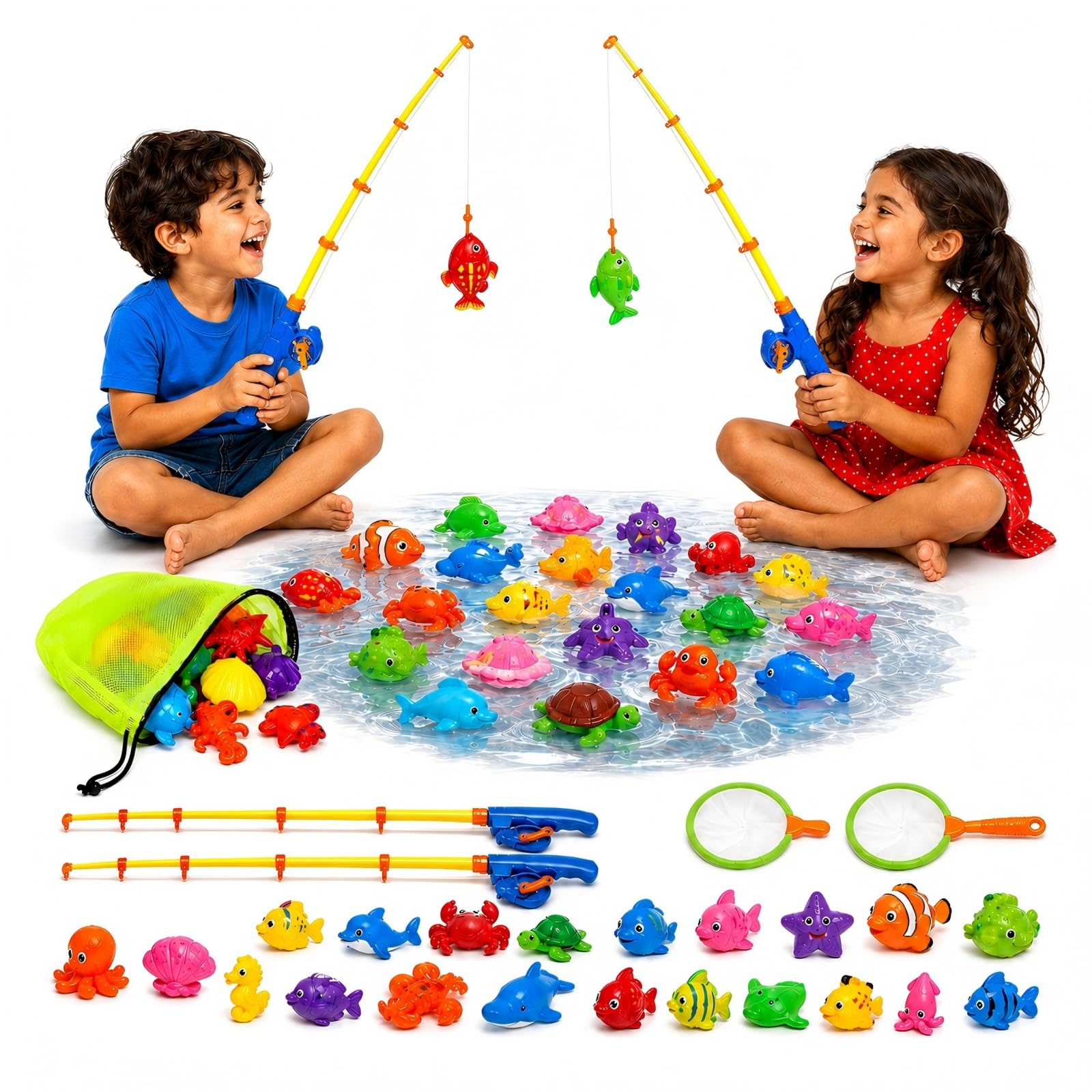 Magnetic Fishing Game for Children 3 4 5 Years Old - Cooling Water Set to Combat the Heat - Includes 2 Rods, Net Bag and Sea Creatures - Educational Toy for Pool, Garden and Bath