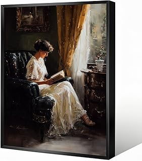Black Framed Vintage Wall Art Canvas Print – Woman Reading in Armchair b...
