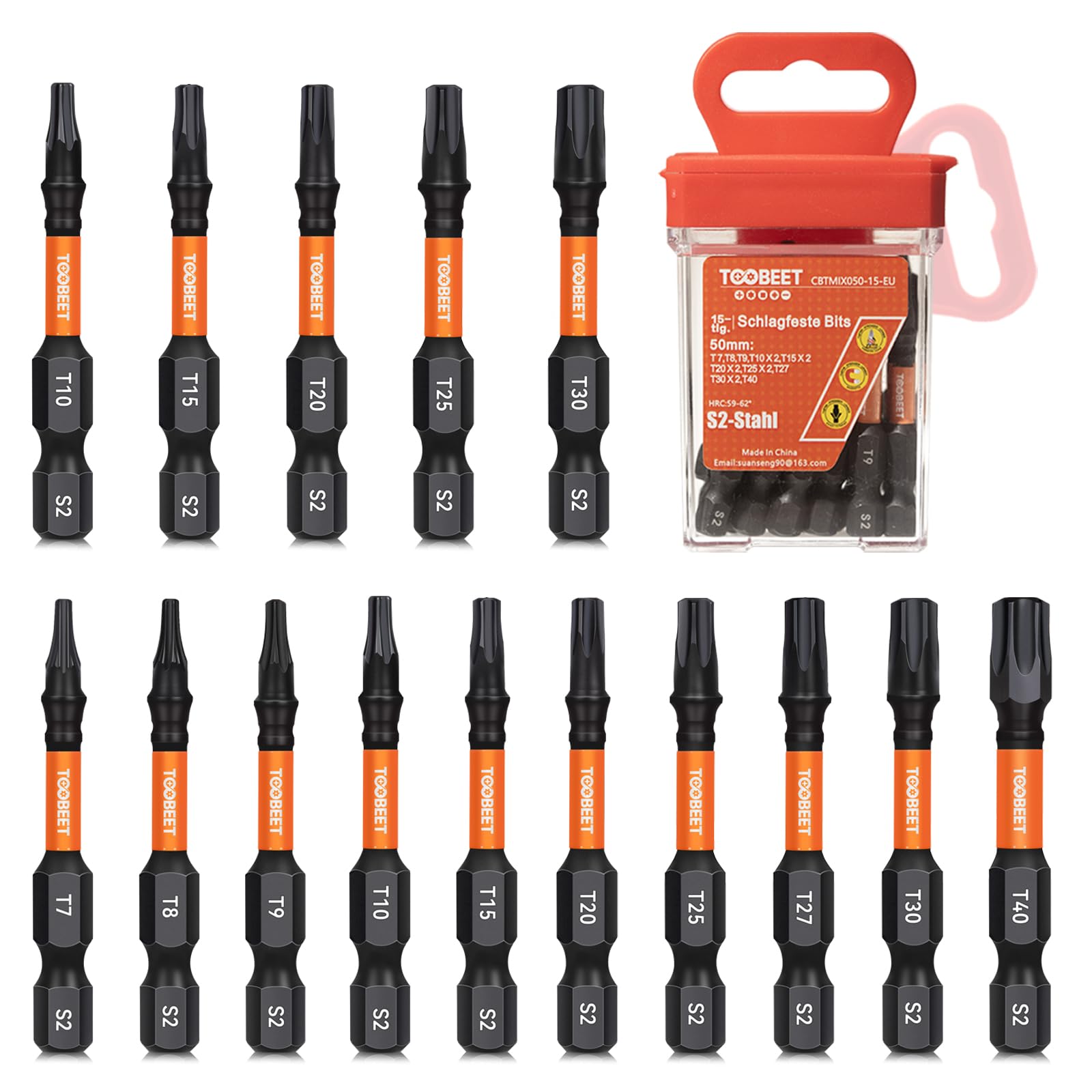 Toobeet Impact Torx Schraubendreher-Bits-Set, Magnetischen S2-Stahl 50mm T7-T40 15tlg. Bits-Set für Schlagwerkzeuge mit Aufbewah Ungsbox