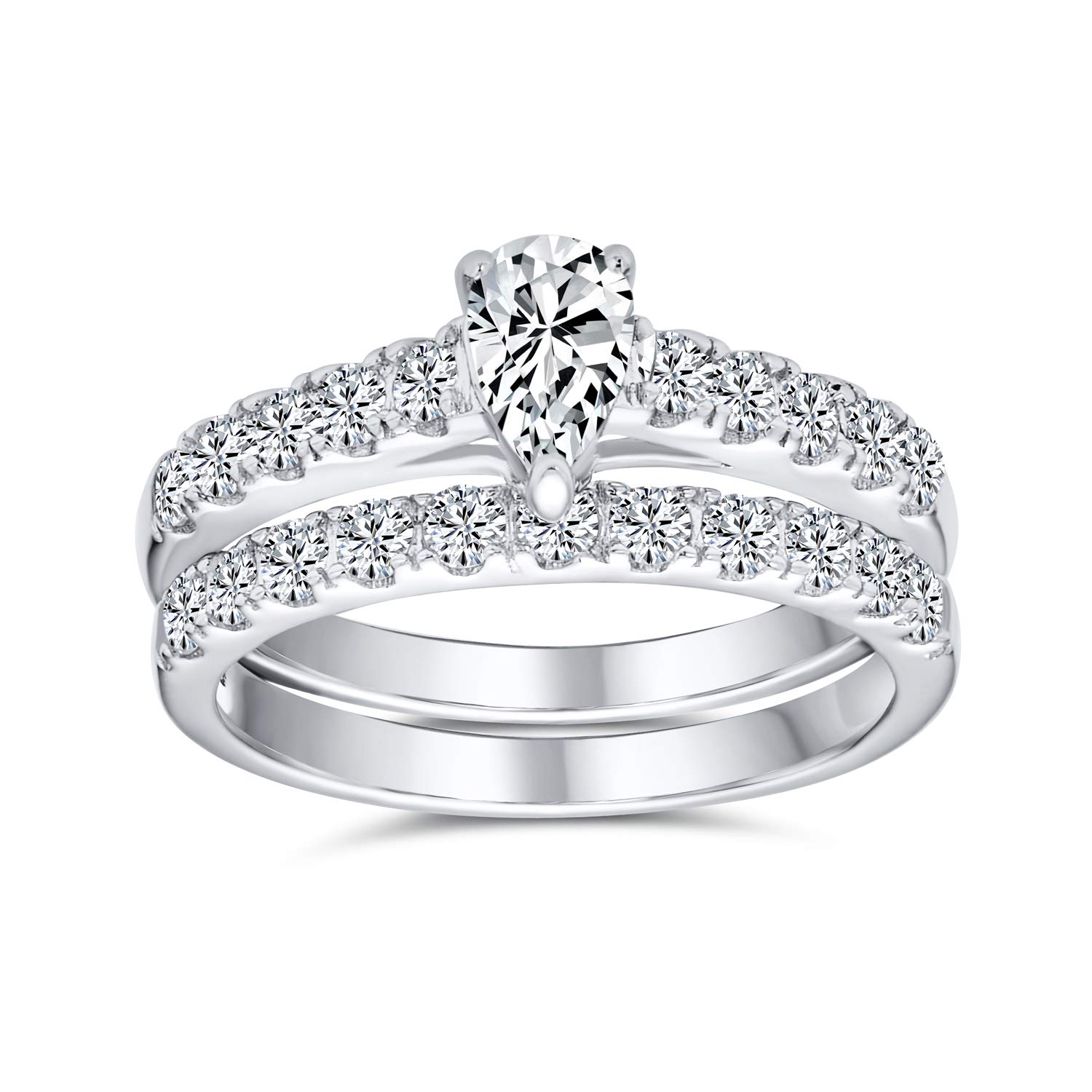Personalizza Tradizionale 1CT Pera Zircone Cubico a Goccia o Rotondo Solitario Fede Sottile con Pavé AAA CZ Set di Anelli Anniversario Fidanzamento Matrimonio per Donna .925 Argento Sterling