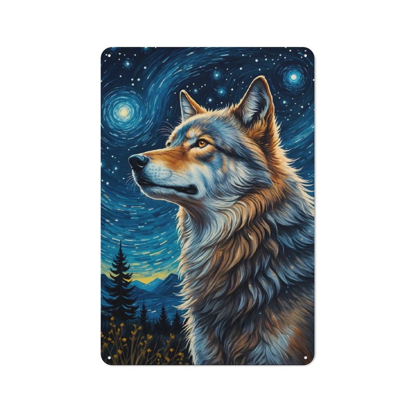 Junmoney Wolf Starry Night Decorative Metal Plaque With Design 30X20cm, Casual Utility Space Decor For Patio Bar, Workshop, Shed Or Kitchen