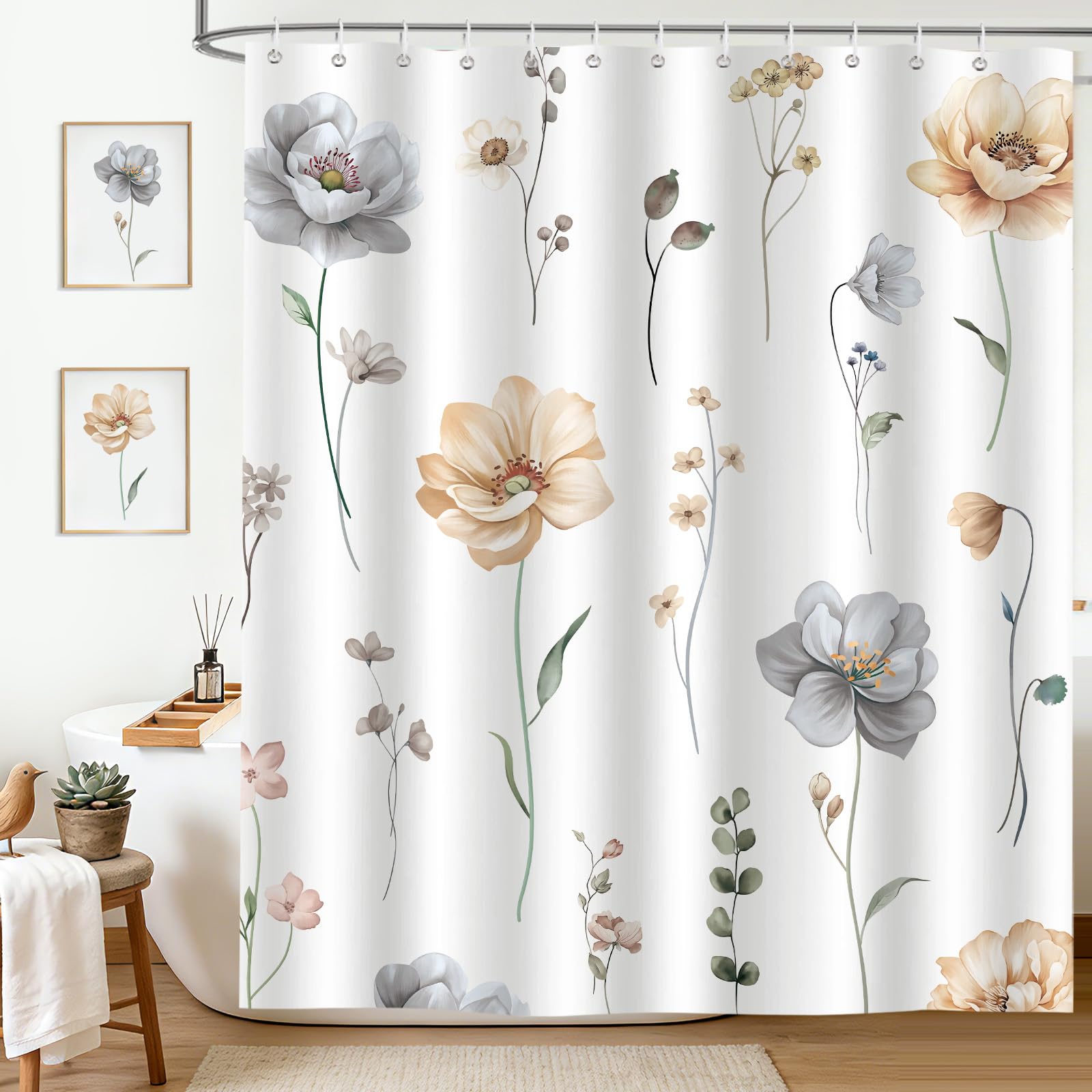 hometrixx Spring Watercolor Beige Gray Floral Shower Curtain 180x180cm