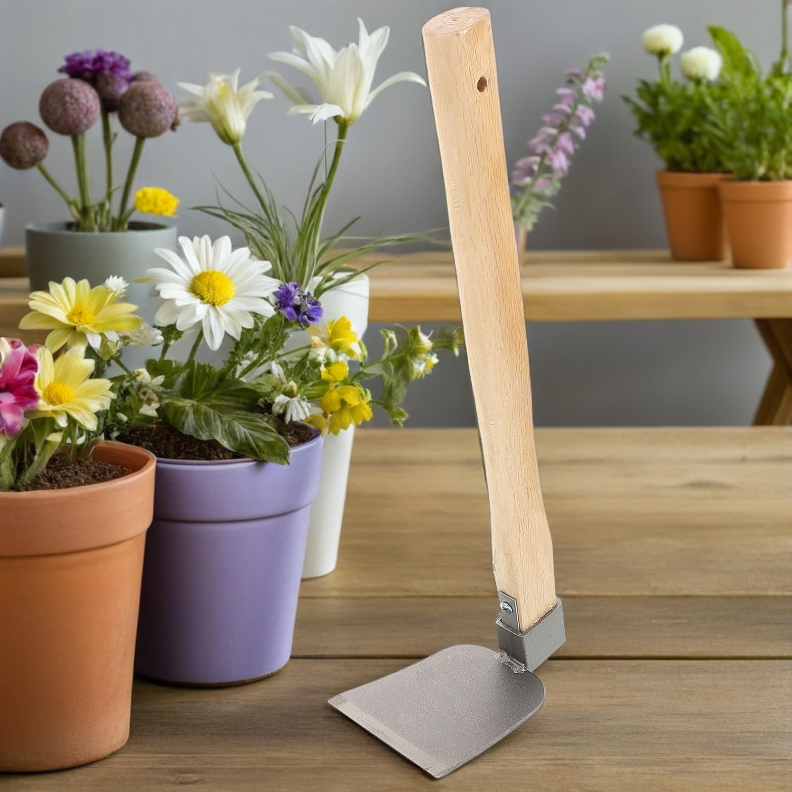 UKCOCO Azadas de Jardinería Manuales de Acero y Madera, 2 Piezas para Desherbar y Excavar Tierra, Herramienta Multiusos para Plantar y Cuidar el Jardín