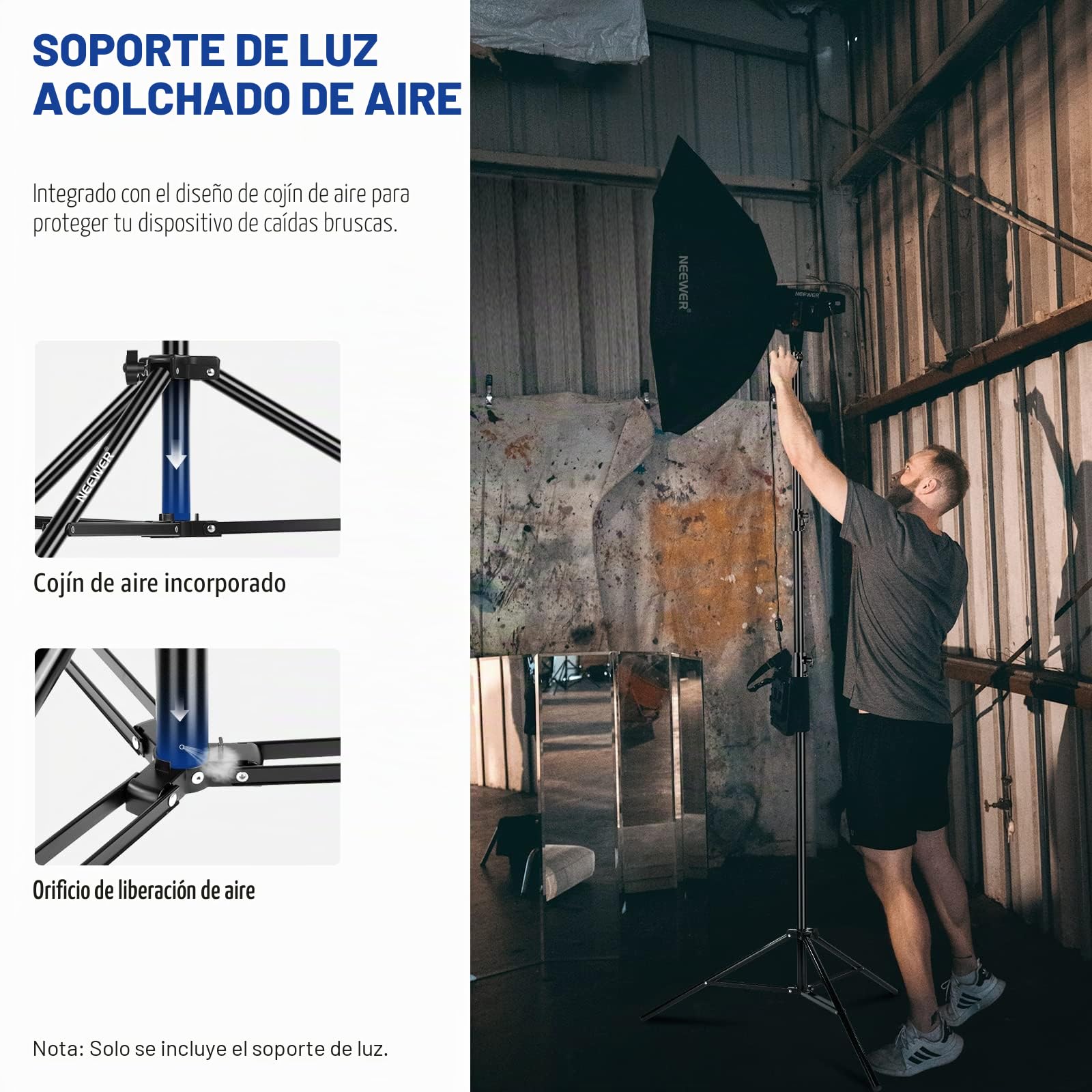 NEEWER Soporte de Luz con Amortiguación de Aire de 2,8m,Trípode Metálico Resistente con Espita Reversible de 1/4" a 3/8",3 Vías Interfaz de Montaje y Perillas de Bloqueo,Carga Máx.de 2,5kg,ST-280AC
