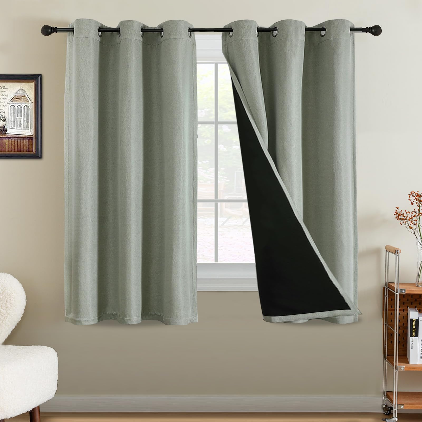 Bellahills Heather Sage 100% Blackout Curtains For Bedroom Thermal Faux Linen Curtain For Living Room Burlap Textured Eyelet Curtains & Drapes, 2 Panels, 46 X 54 Inch,