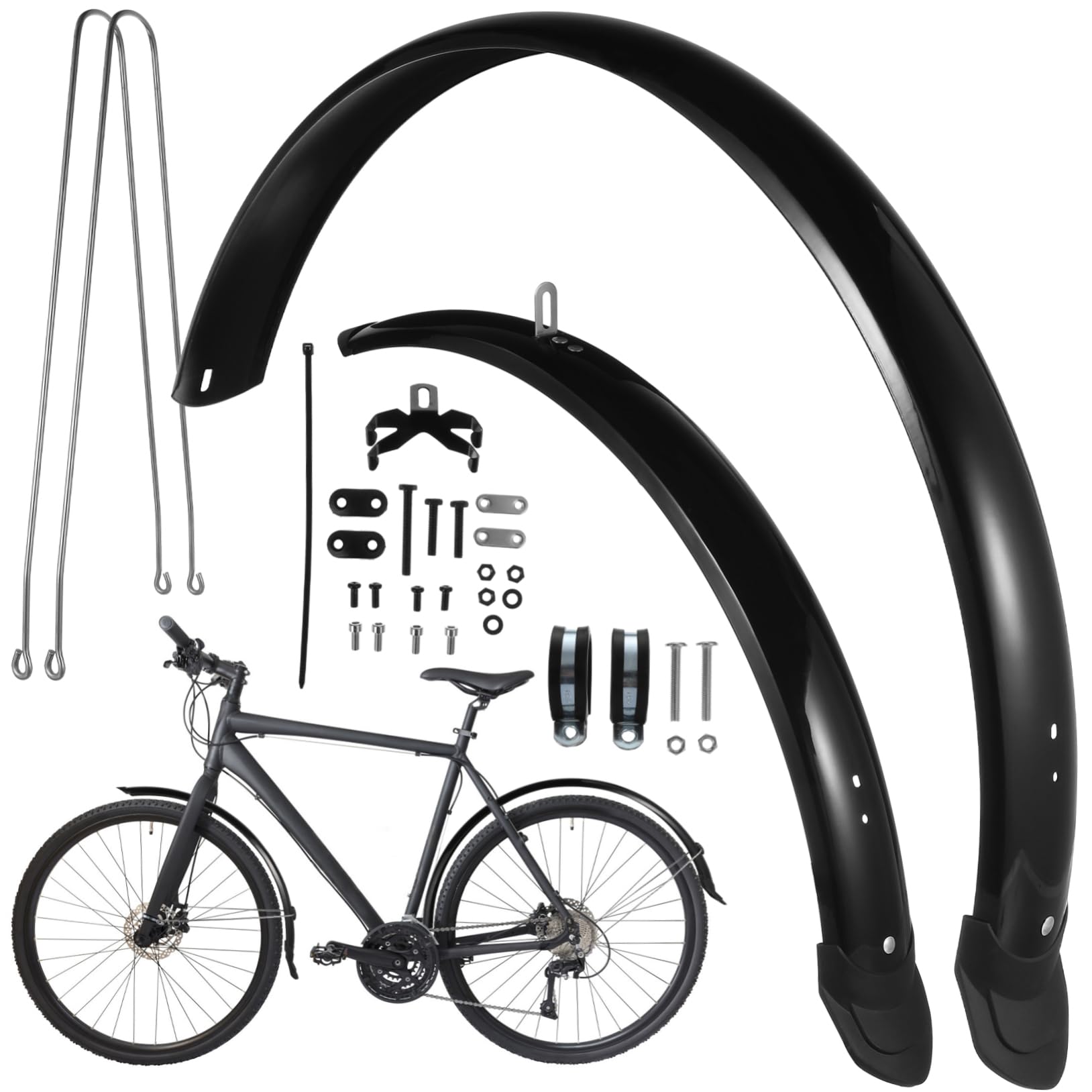 BELLIFFY Black ABS Bike Mudguard Set, Flexible Extended Design Front and Rear Wheel Guards for Mountain Bikes, Outdoor Cycling Accessory