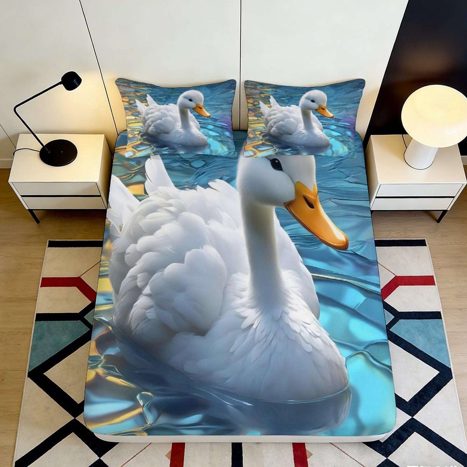 Jqzkxnhpbr Style-8 3D Printed White Swan Fitted Sheet Microfiber Soft Anti-Slip Water Scene Bed Cover For Bedroom Dorm Decor 90X200x25cm