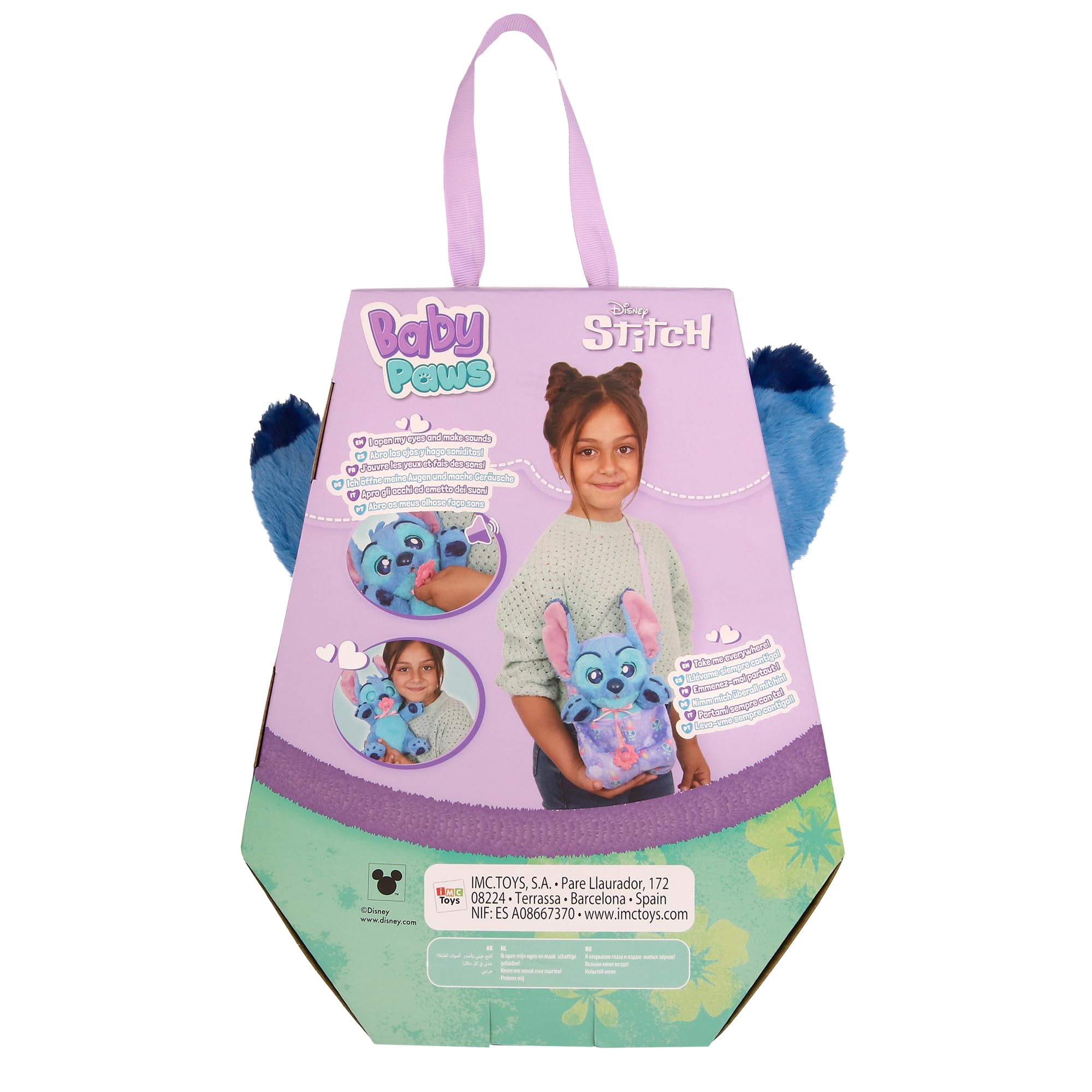 Baby Paws Stitch, Peluche Interactivo, con Sonidos Que Abre y Cierra los Ojos e Incluye una Bolsa para Llevarlo Contigo, Juguete Regalo para Niños y Niñas de 3 Años o Más