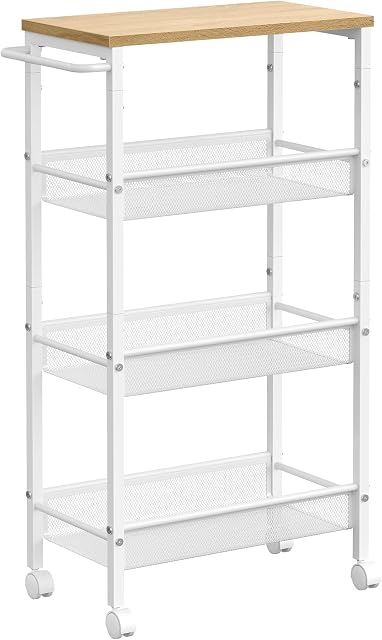 VASAGLE 4-poziomowy wózek, wąski wózek kuchenny, niszowa półka na kółkach, stal, uchwyt, do małych pomieszczeń, 22 x 45,5 x 77 cm, kuchnia, łazienka, salon, gabinet, dąb-biały LRC033W09