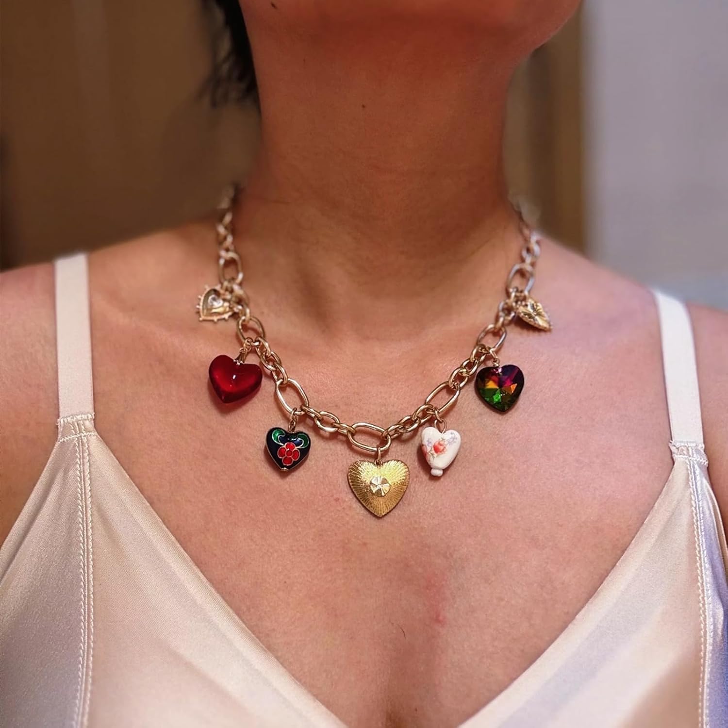 Multi Charm Necklace for Women Chunky Gold Plated Paperclip Chain Choker Necklace Heart Sun Moon Star Boho Jewelry - Image 6