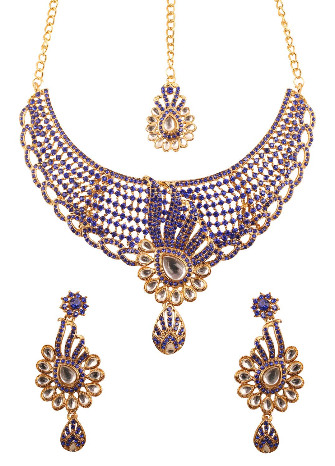 gold tone royal Indian Hollywood rhinestones grand bridal jewelry necklace set for women
