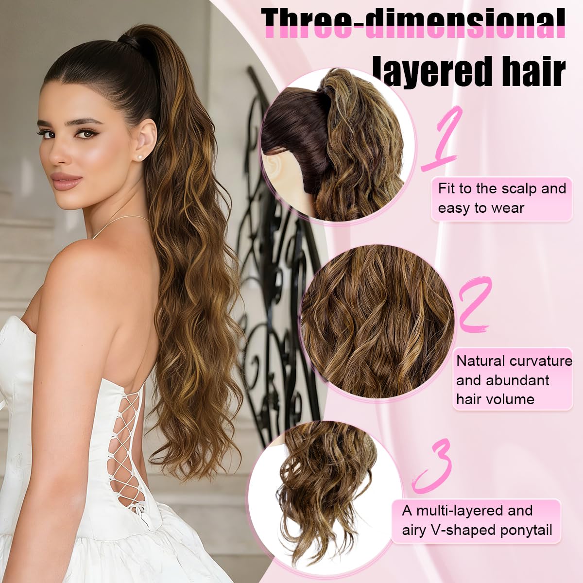 Ponytail Extension, 26 Inch Claw Clip Ponytail Extension Long Wave Ponytail Extensions for Women Fluffy Natural Synthetic Hairpiece for Daily Use(Color:Dark brown mixed with light yellow)