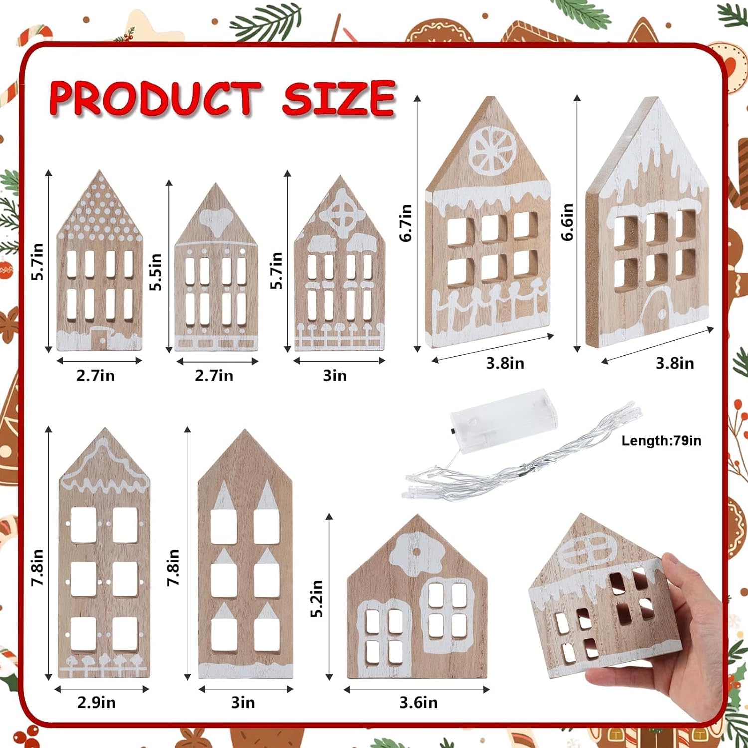 9 Pcs Christmas Village Houses Set with String Light Rustic Wooden Gingerbread House Xmas Decoration Centerpiece for Home Desk Shelf Mantel Farmhouse Tabletop (Style1) - Image 2
