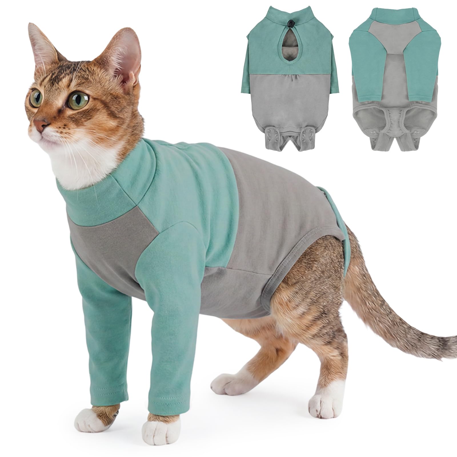 Cat Overgrooming Suit, Soft Protective Suit Post Surgery Good for Front Leg Injuries/Protect Sore Front Leg/Allergies Cat Cone Collar Alternative, Stop Pet From Licking Incision Area(Green, M) — image 1