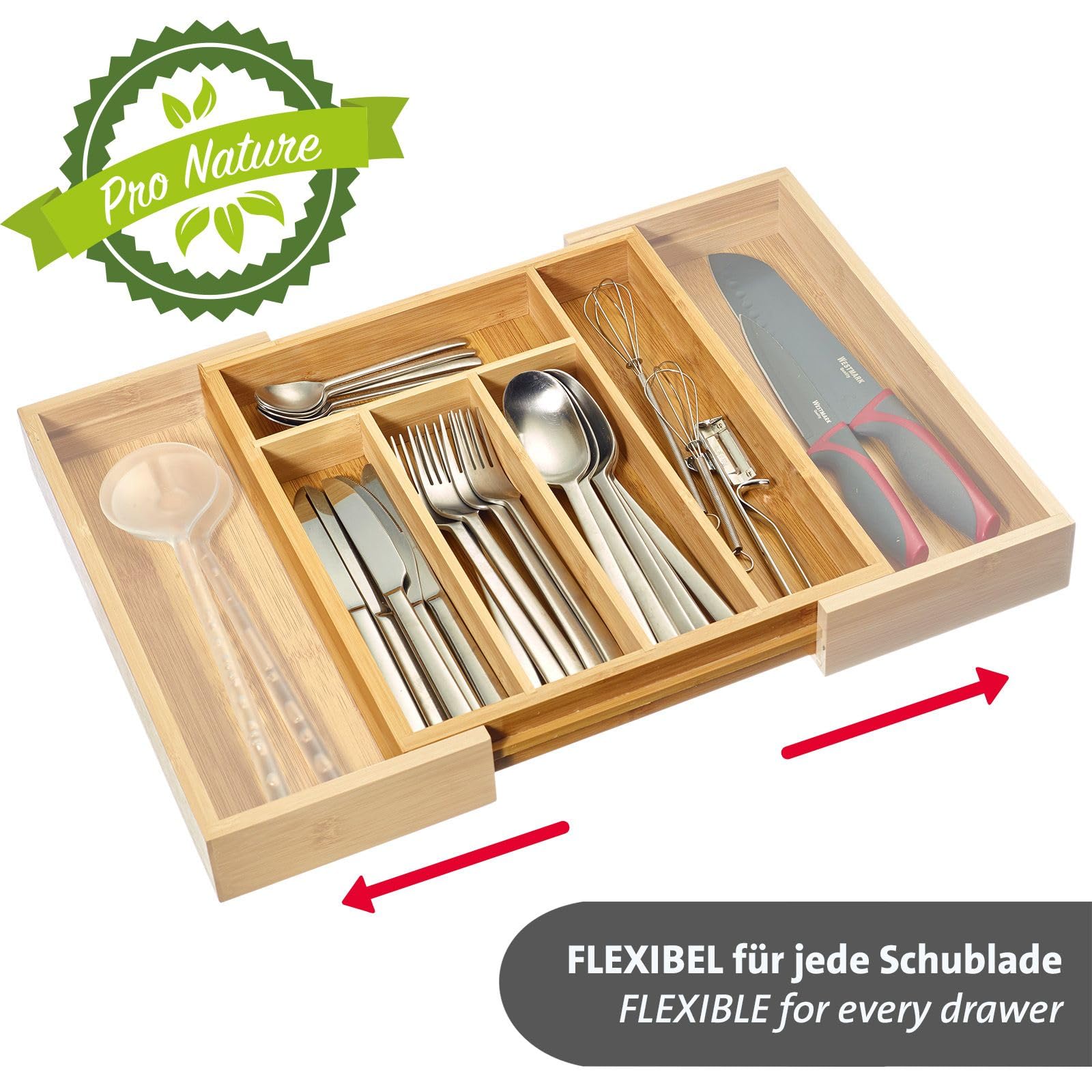Westmark Besteckeinsatz – ausziehbarer Schubladeneinsatz für Besteck und Kochutensilien, praktischer Organizer für gängige Schubladen, 5 bzw. 7 Kammern – Bambus, 29 – 48 cm