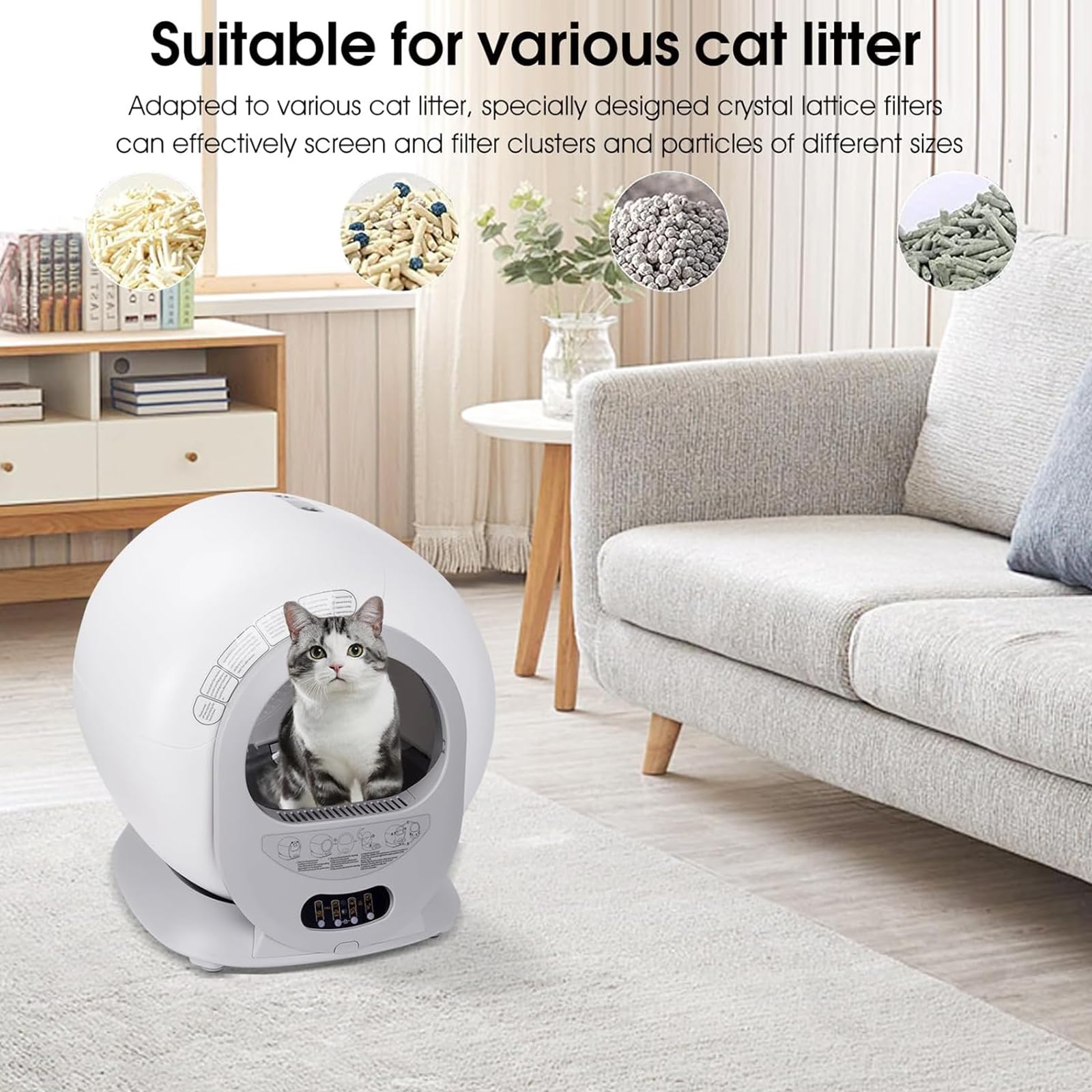 Arenero para Gatos Autolimpiante, Bandeja De Arena Automática, Inodoro para Gatos, Sistema Antiolores, Control De Aplicaciones por WiFi, Gran Capacidad 65L+9L
