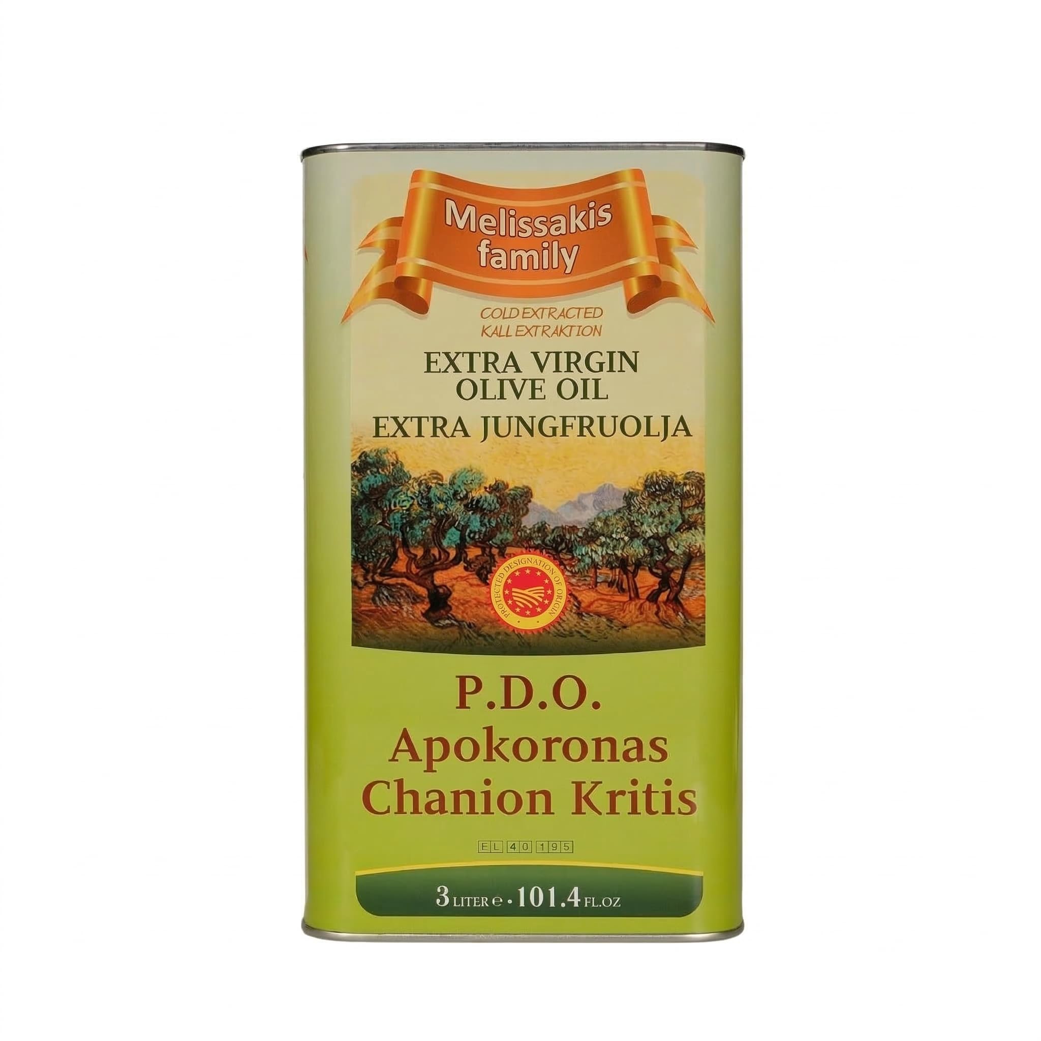 Melissakis Family Designation of Origin from Apokoronas in Crete, Greece Extra Virgin Olive Oil 3Lt Tin (101.44 Fl Oz) Cold Extracted